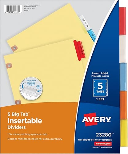 Avery Separadores insertables Big Tab, papel pulido, 5 pestañas multicolor, 1 juego (23280)
