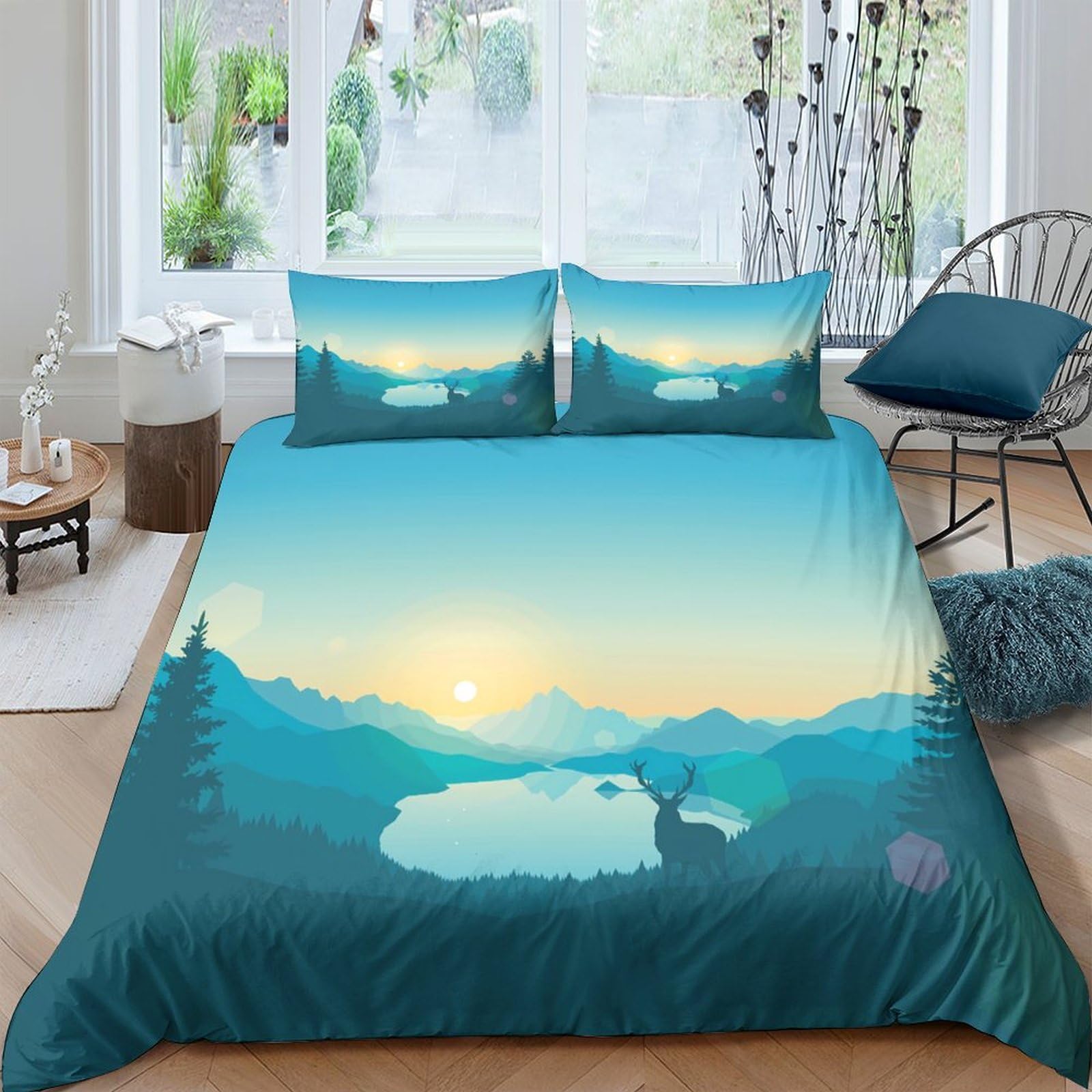 Ctjqhvkz Style-3 3D Printed Mountain Lake Sunrise Fitted Sheet Microfiber Soft Breathable Forest Landscape Mattress Cover Bedroom Decor Single（135X200cm）