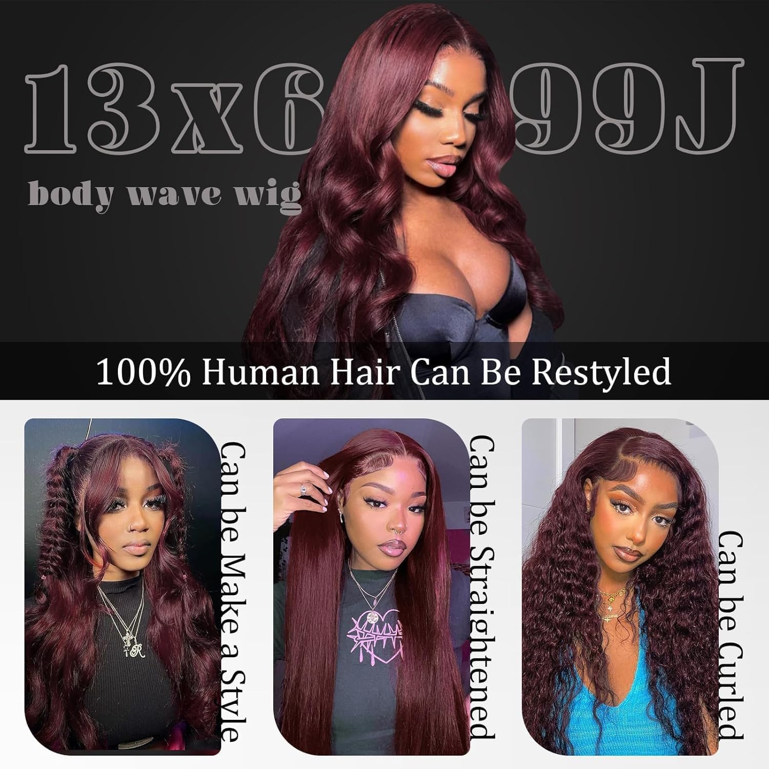 Dark Red 99j Burgundy 13x6 Lace Front Wigs Human Hair Pre Plucked, 20 Inch Long Body Wave HD Full Frontal Wig 13x6 Black Cherry Cola Red Wigs, 12A 100% Real Brazilian Wigs Human Hair 180 Density