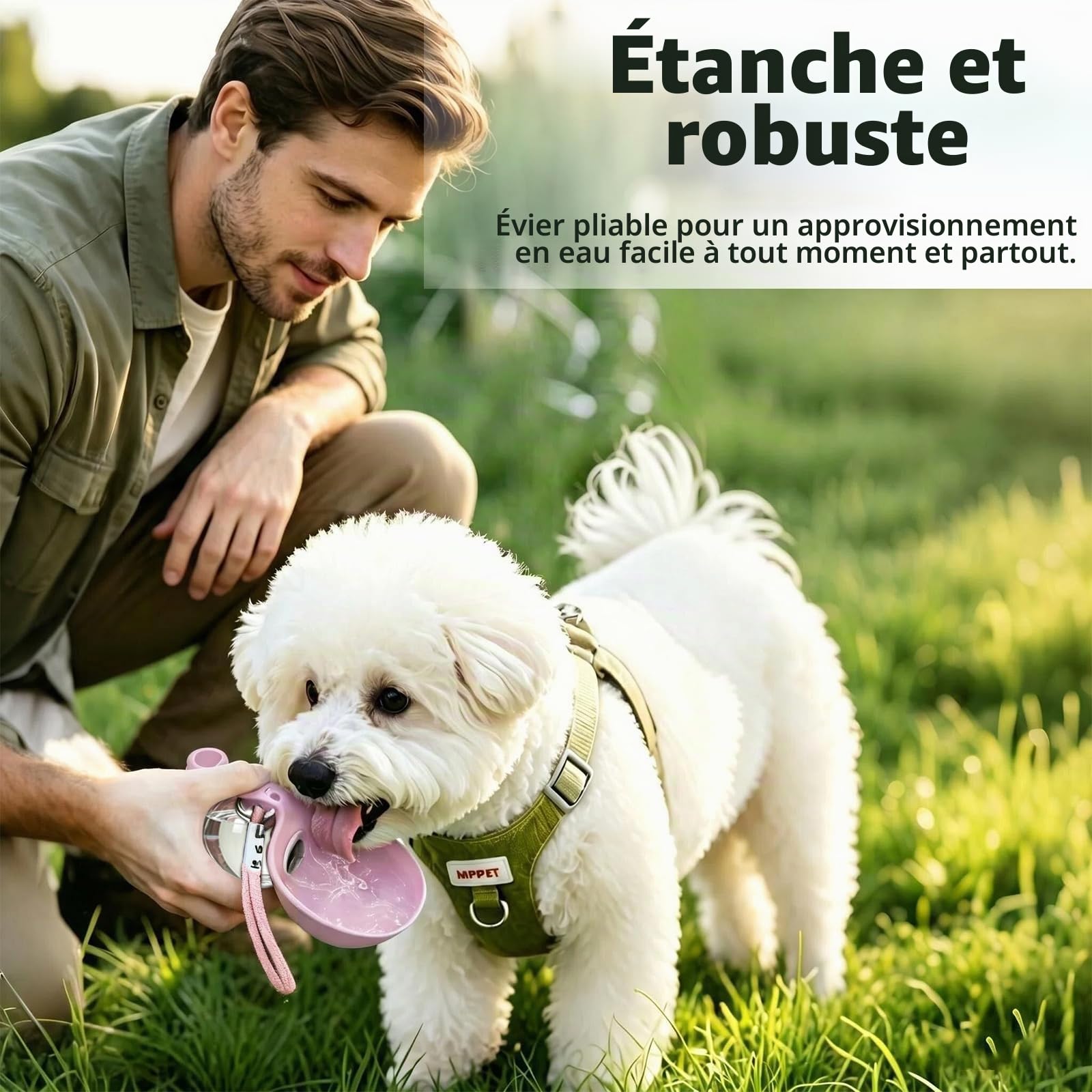 Gourde pour chien en déplacement, 285 ml, avec gamelle en silicone pliable, design anti-fuite, récipient transparent, légère, randonnée, voyage, sans BPA, rose
