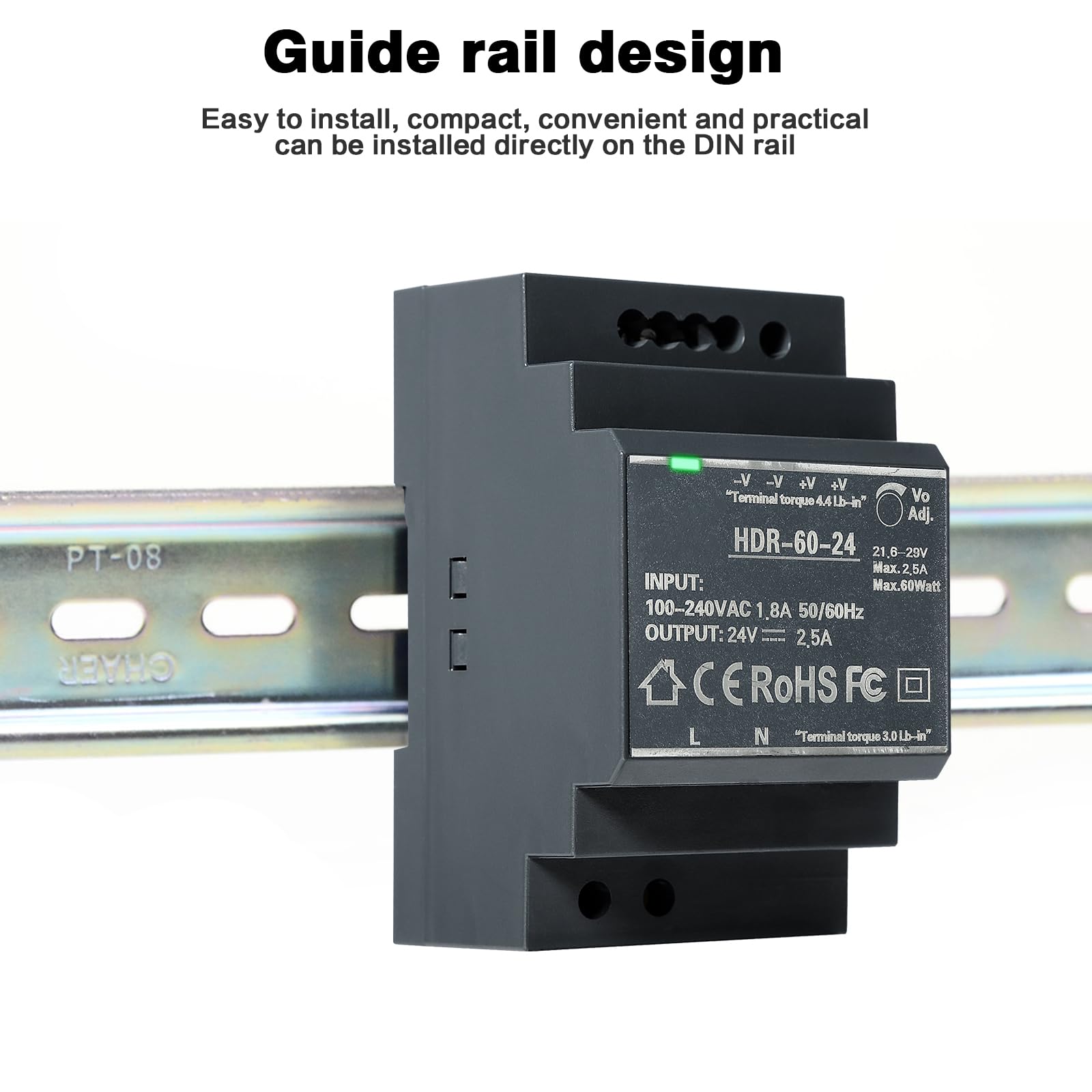 DEWIN Fuente de Alimentación Conmutada 24v, HDR-60W Fuente de Alimentación Conmutada de Transformador de Riel DIN para Equipos de Automatización Industrial (Color : DC 24V 2.5A)