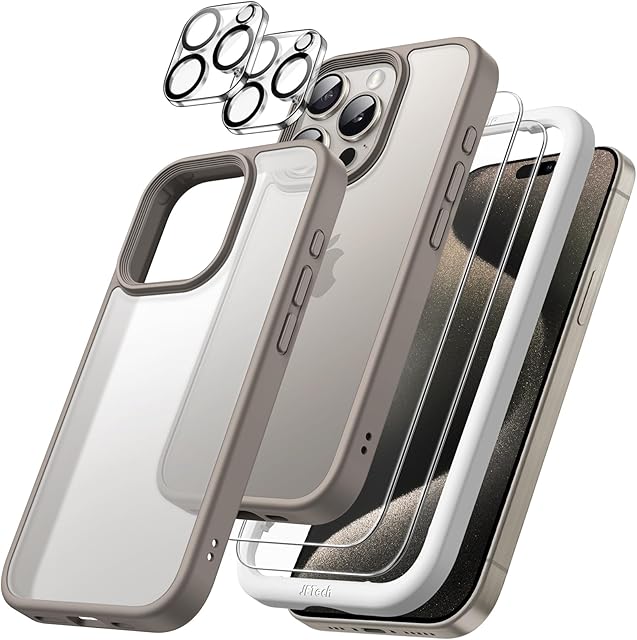 JETech Matowe Etui 5 w 1 do iPhone 15 Pro 6,1 Cala z Szkło Hartowane 2 Ochraniacz Ekranu i 2 Osłona Obiektywu Aparatu, Półprzezroczysty Tylna (Tytan Naturalny)