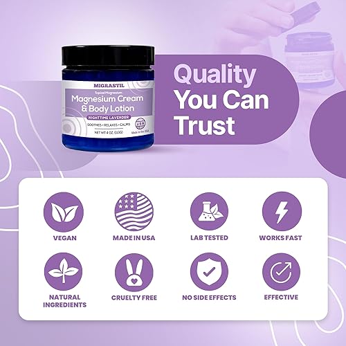 Miniatura 6 de MIGRASTIL Crema de magnesio y lavanda nocturna y loción corporal no grasa. Cloruro de magnesio extra fuerte de 250 mg para alivio muscular,