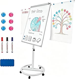 Flipchart Ständer Whiteboard mobil 70x100 cm, höhenverstellbar 157-195 cm, magnetische Tafel trocken abwischbar, mit Rollen & Papierklammern, für Büro Schule Zuhause