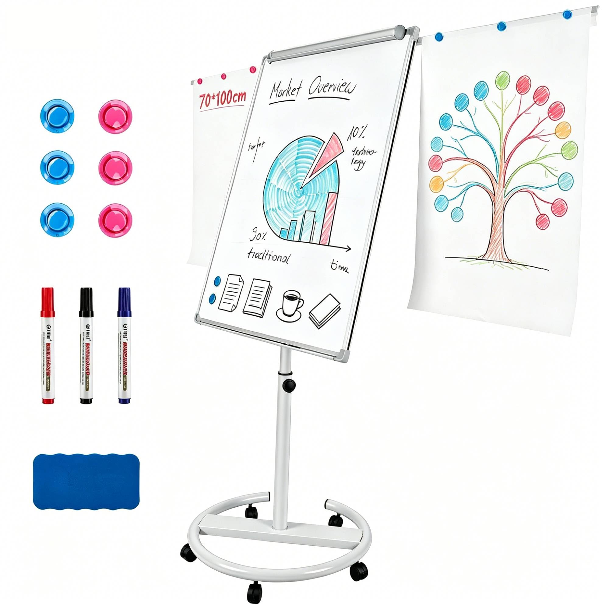 DoeDoefong Flipchart Ständer Whiteboard mobil 70x100 cm, höhenverstellbar 157-195 cm, magnetische Tafel trocken abwischbar, mit Rollen & Papierklammern, für Büro Schule Zuhause