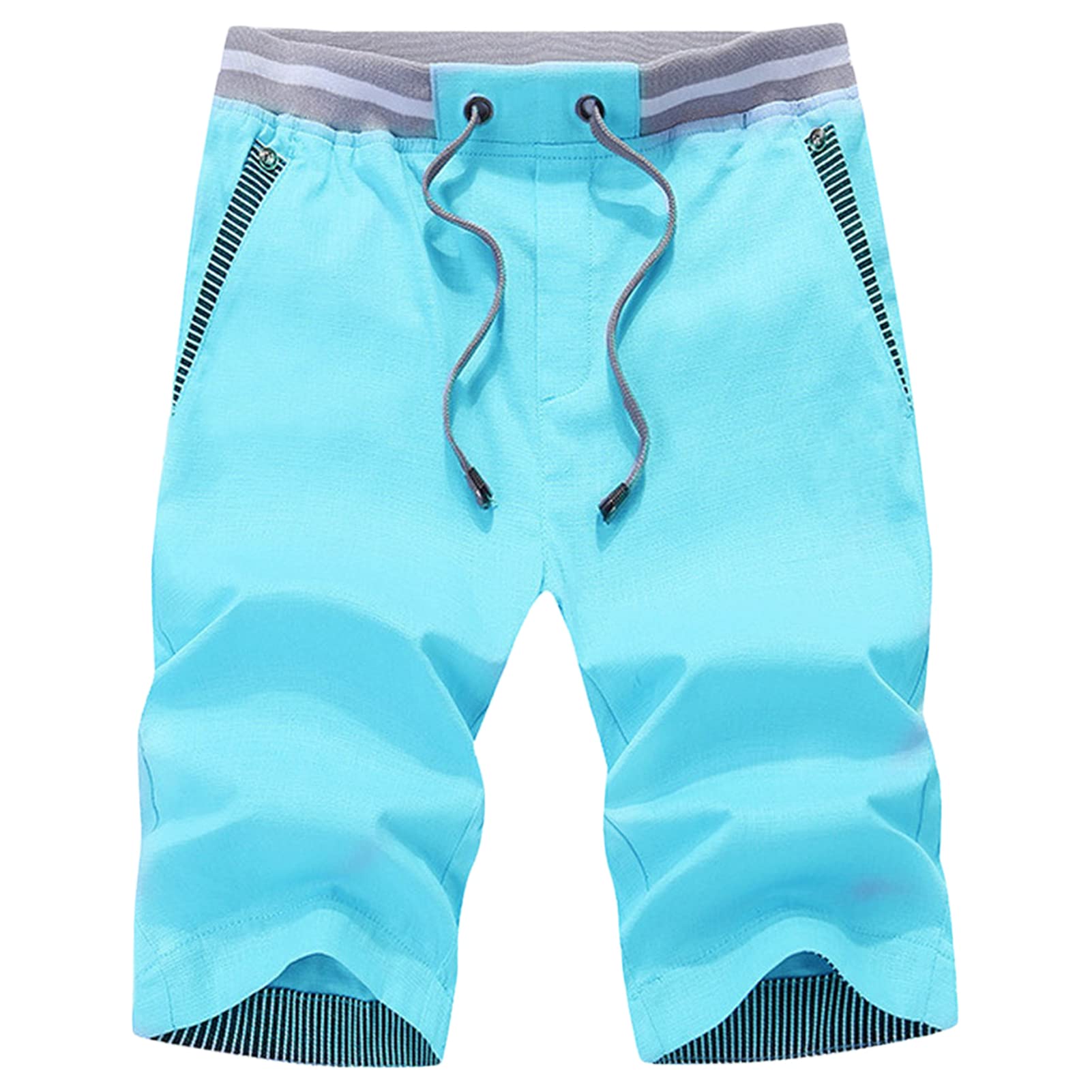 Maiyifu-GJ Men's Casual Elastic Waist Shorts Adjustable Drawstring Summer Beach Shorts Linen Sports Athletic Short Pants (Light Blue,Large)
