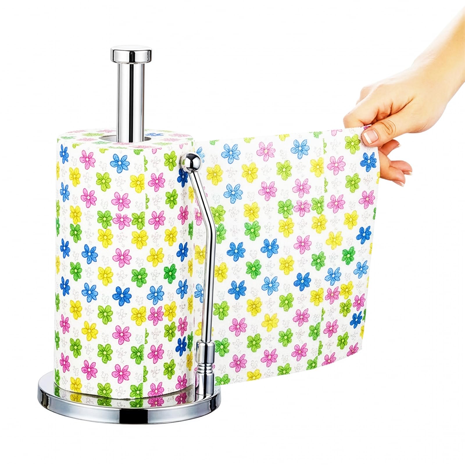 SPARES2GO Kitchen Roll Holder Weighted Base Stainless Steel Paper Towel Stand with Spring Tension Arm (Silver)