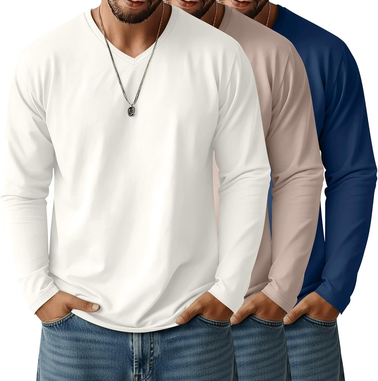 Ficerd 3 Pack Big and Tall Shirts for Men V Neck Cotton Long Sleeve Tee L-7XL Casual Loose Tops Oversized Basic T Shirts
