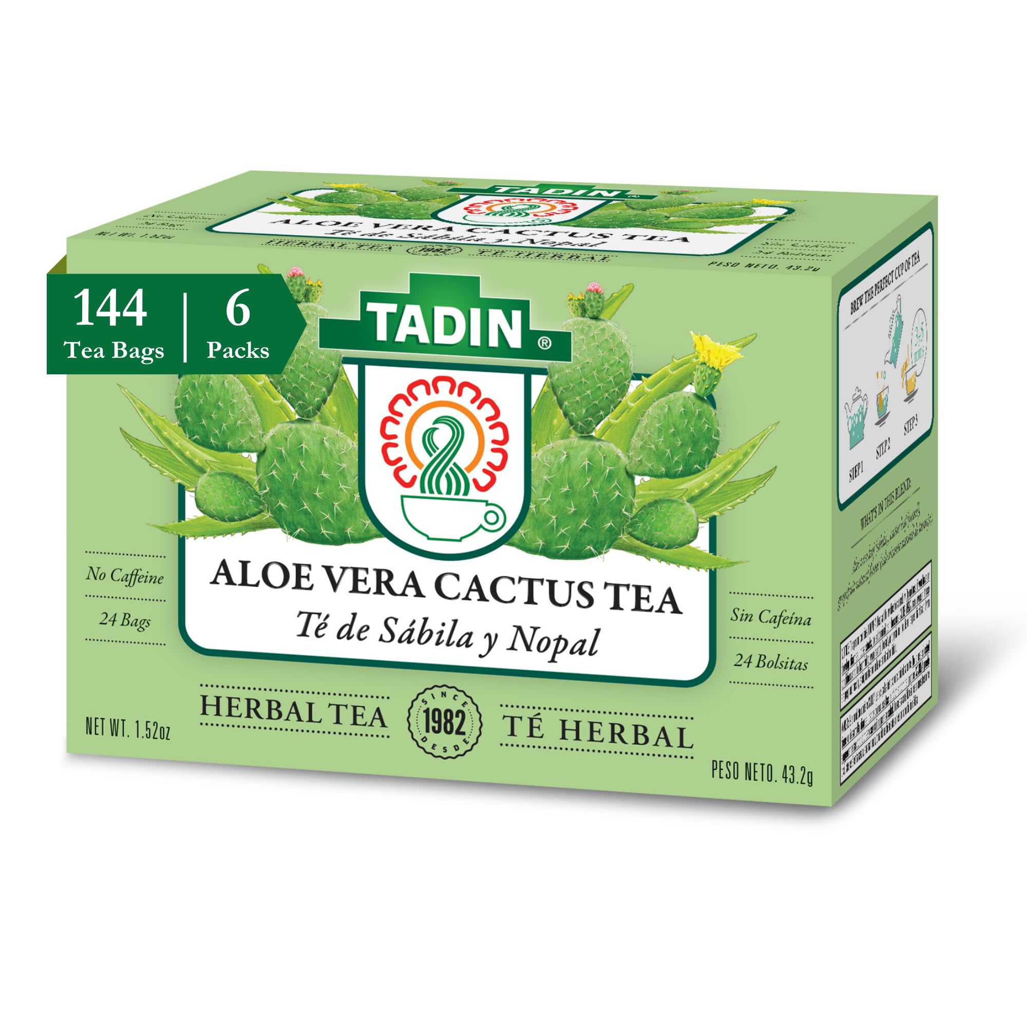 Tadin Aloe Vera Cactus Herbal Tea, Caffeine Free, 24 Tea Bag Per Box, Pack of 6 Boxes Total