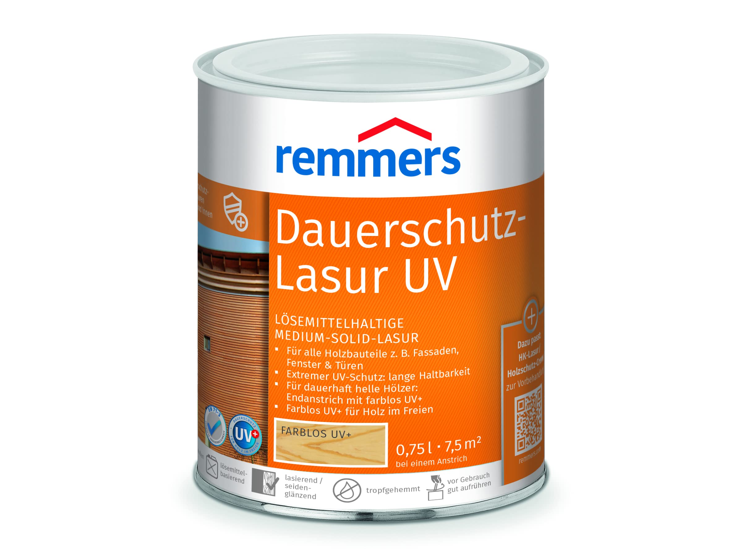 Remmers Dauerschutz-Lasur UV farblos, 0,75 Liter, Dekorative Medium-Solid-Lasur für Außen, auch für helle Farbtöne und farblos UV+, wetterbeständig