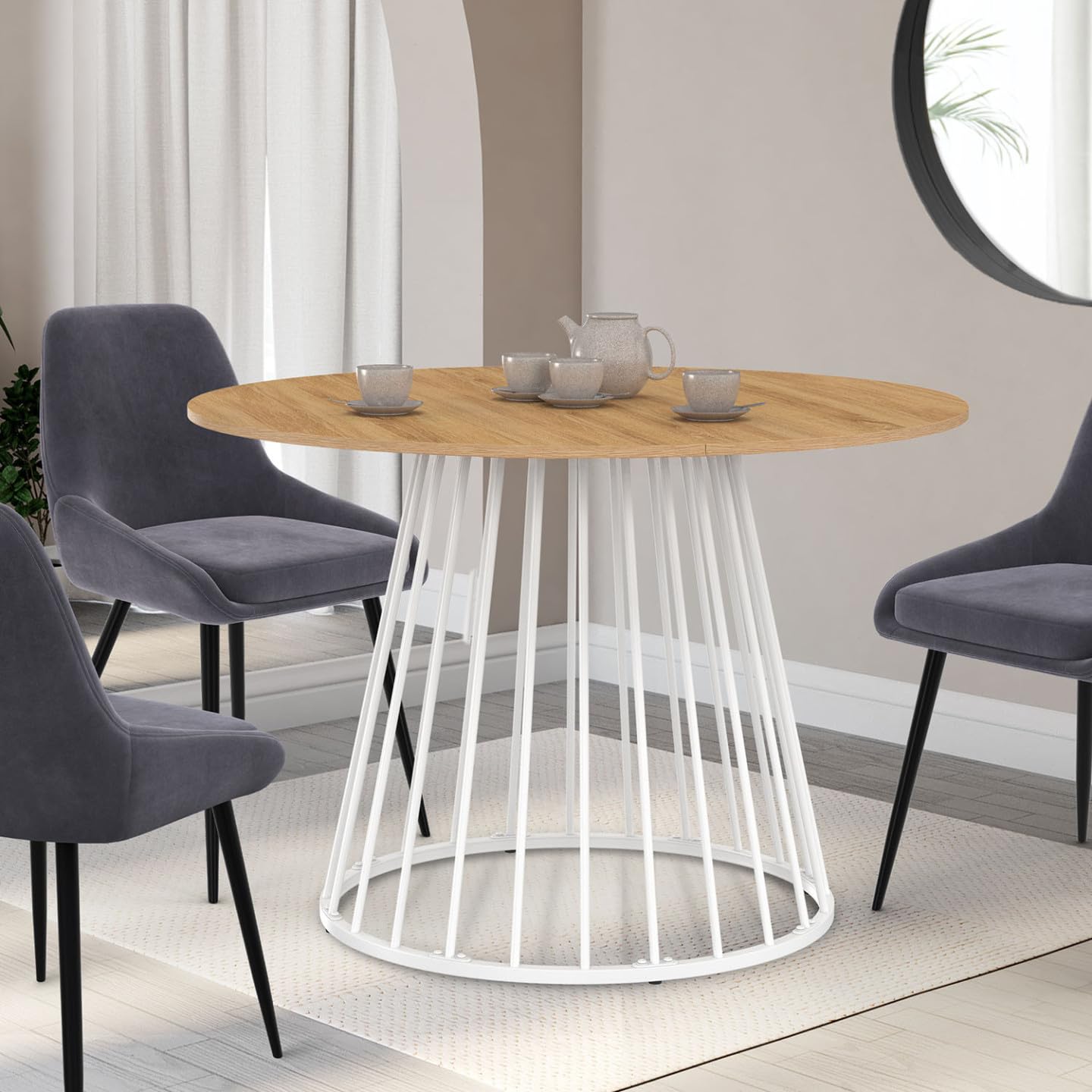 IDMarket Yuna – Mesa de comedor extensible redonda para 4-8 personas, bandeja de madera y pie con cable de metal, 110-150 cm, color blanco