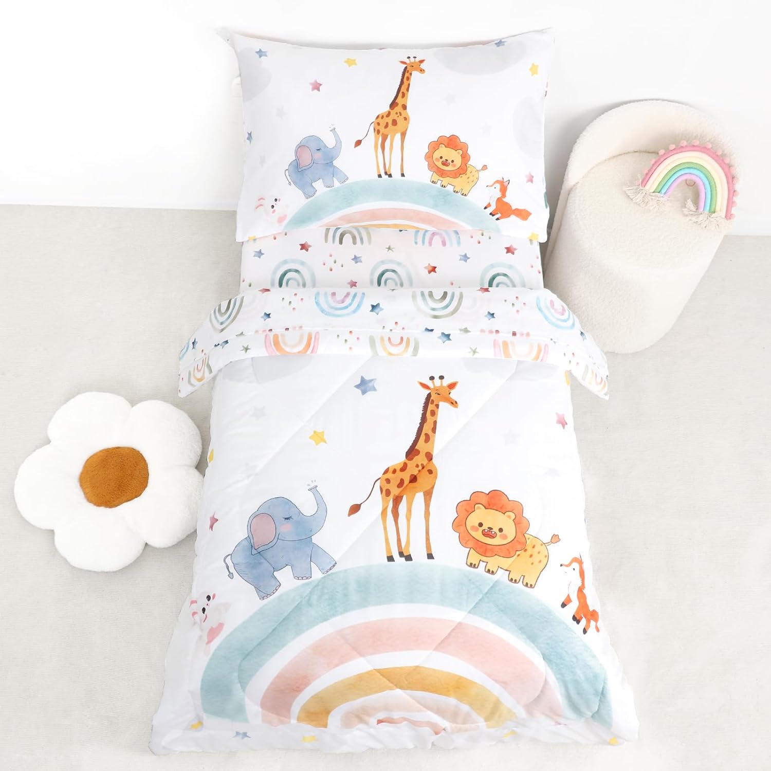 Toddler Bedding Set, 4 Pieces Toddler Comforter Set for Girls Boys Kids, Ultra Soft Toddler Bed Sheets Set in a Bag, Includes Comforter, Fitted Sheet, Flat Sheet, Pillowcase, Rainbow Animal