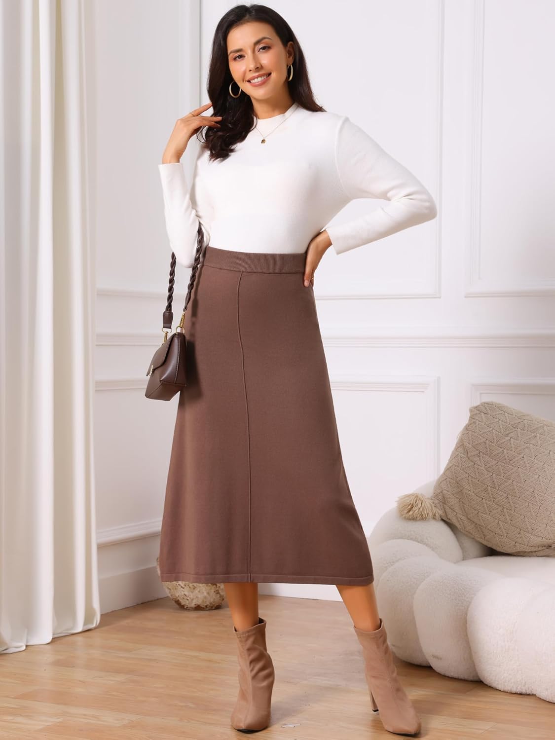 Seta T Women's Sweater Skirt Elastic High Waist Stretchy Ribbed Knit A-Line Midi Skirts Fall Winter Outfits - Image 5