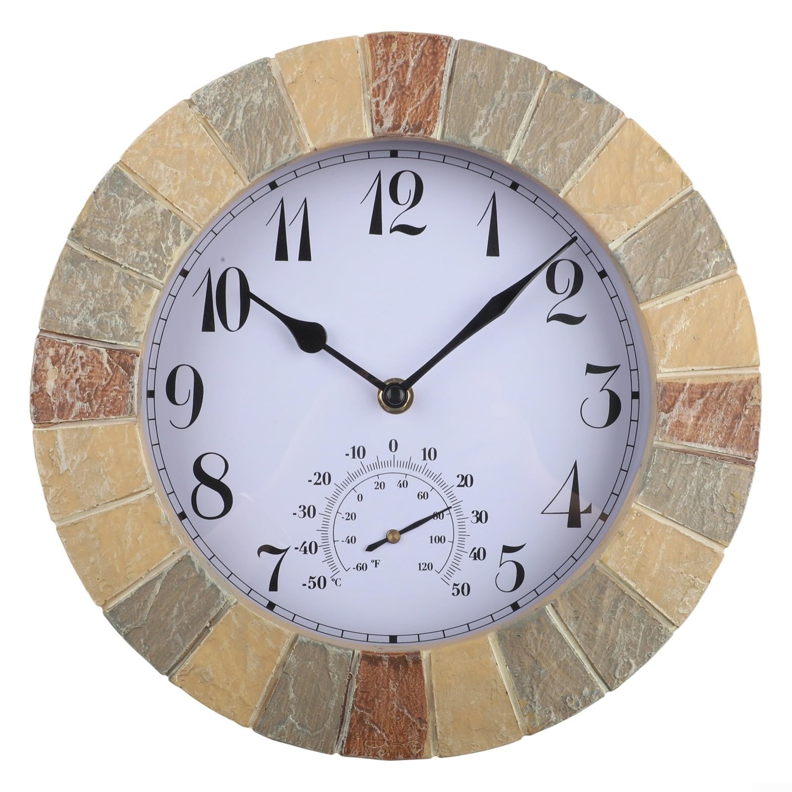 Orologio da parete silenzioso da 25,4 cm, con termometro, resistente alle intemperie, grado di protezione IP44, per interni ed esterni, corpo in resina, numeri trasparenti (stile 1)
