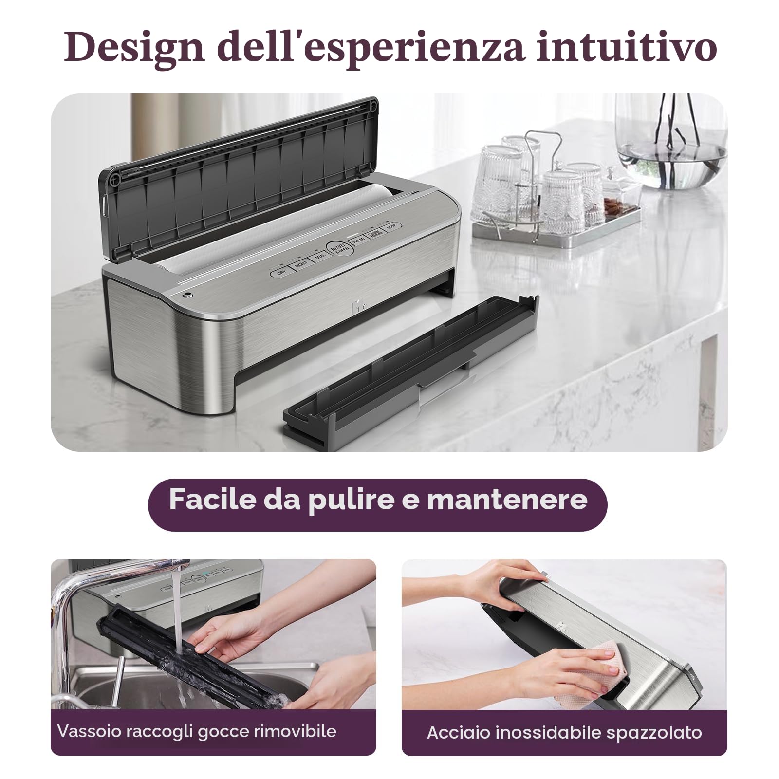 Mesliese 85kPa 120 W, macchina per sigillatura automatica degli alimenti, potente sistema di sigillatura, taglierina integrata, contenitore per sacchetti, 2 rotoli di sacchetto (Acciaio inossidabile)