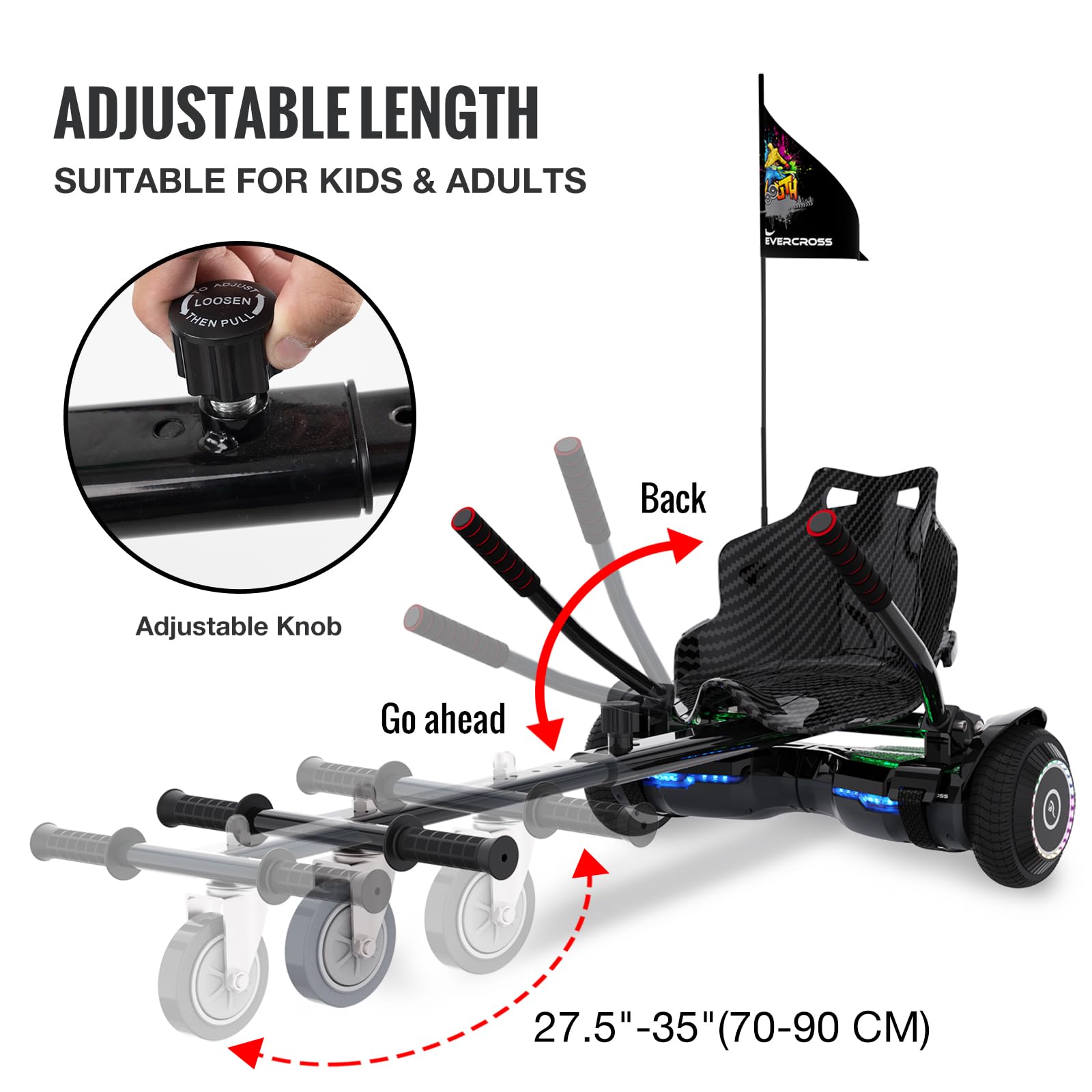 EVERCROSS EV2 Hoverboards con Asiento - 5.2 Ah Batería, 15 km/h, Música Bluetooth, Luces de Pedal de 7 Colores, Carga máxima 85 kg, Hover Board con Hoverkart para Niños, Adolescentes y Adultos Negro