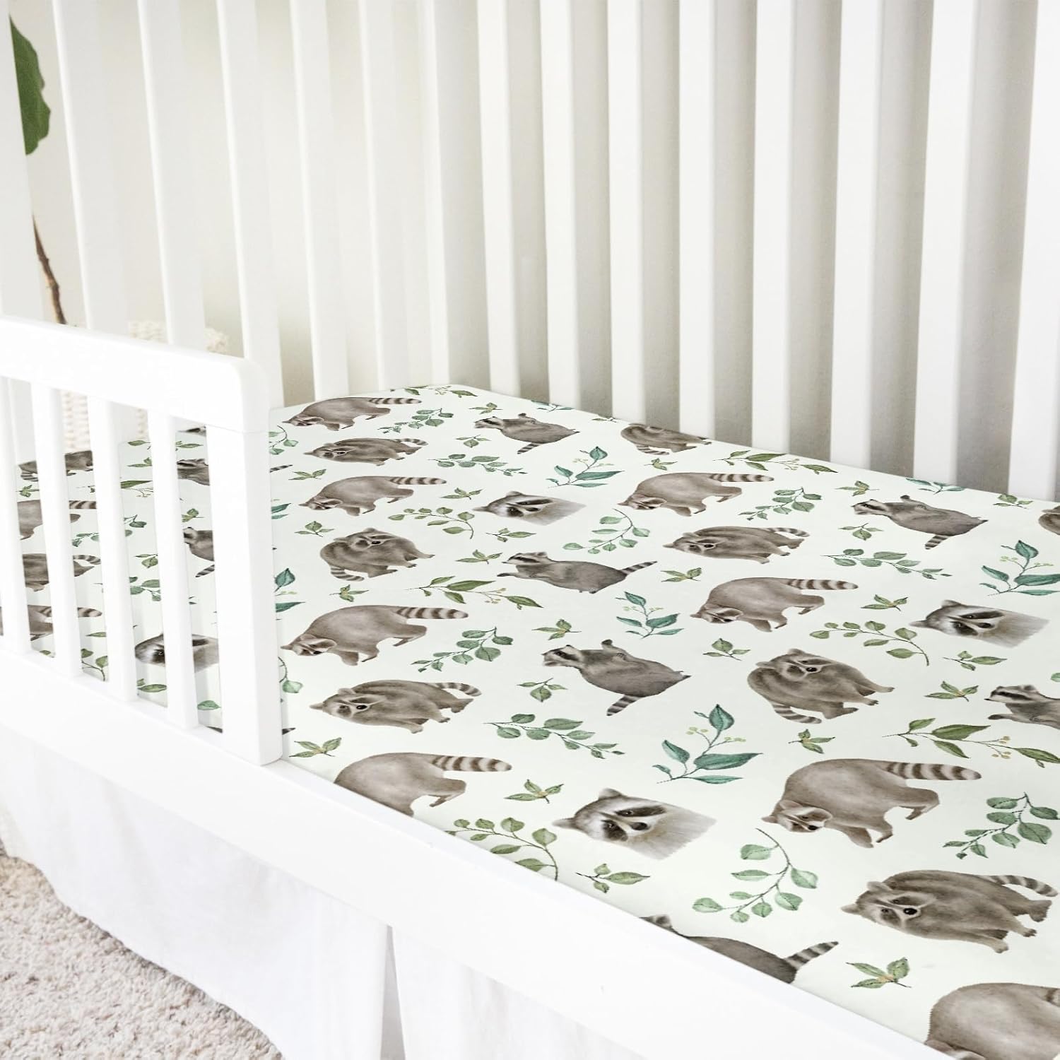 Watercolor Raccoon Green Leaves Baby Crib Sheets 52''x28'' Raccoon Boho Retro Leaf Snug Fitted Crib Mattress Cover for Boy Girl Soft Nursery Baby Bed Sheet for Standard Crib and Toddler Mattresses