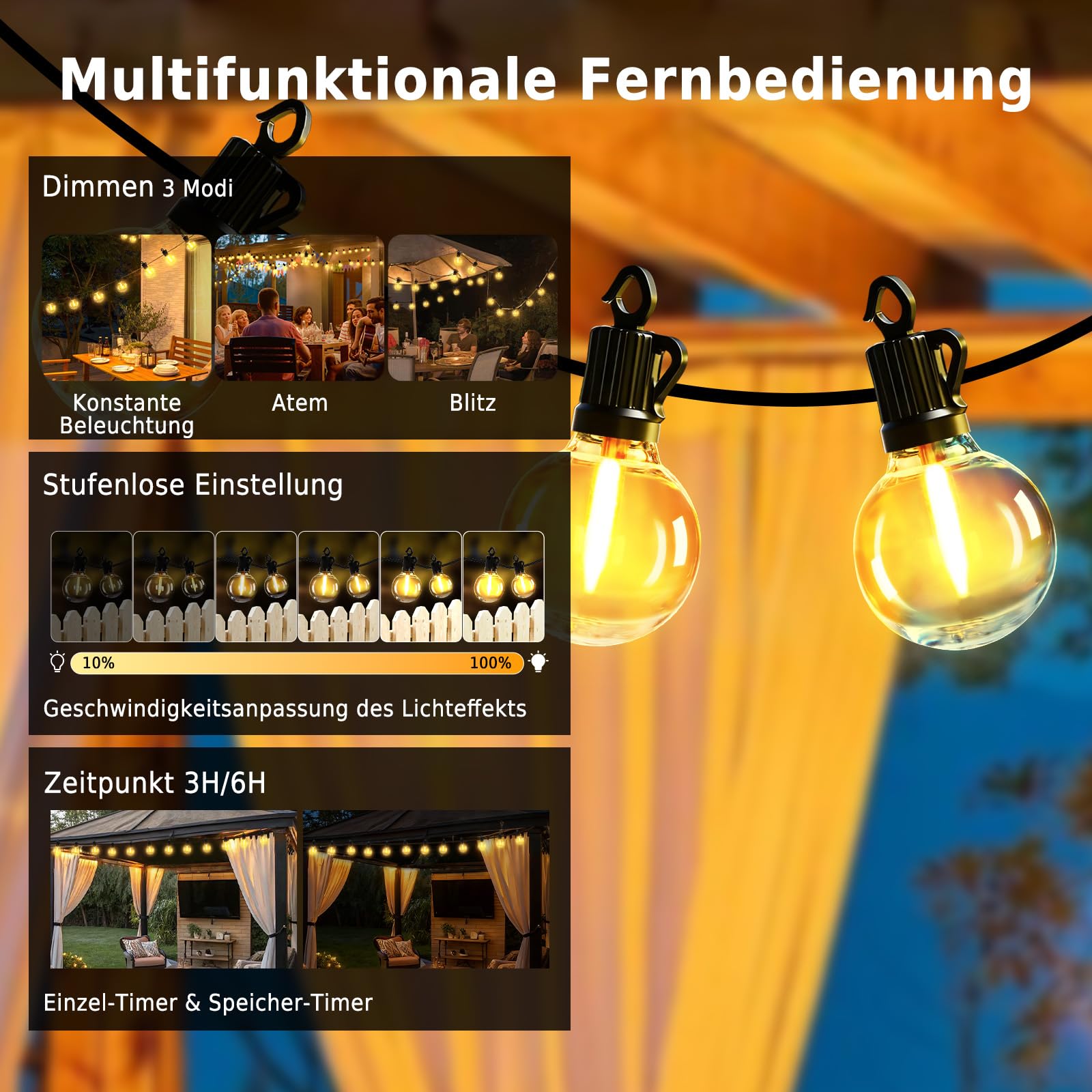 Lichterkette Außen Strom, 30M G40 LED Lichterkette Outdoor mit Fernbedienung, 62 Glühbirnen E12, 4 Dimmstufen mit Timer, Wetterfest Garten Balkon Terrasse Pavillon Beleuchtung (100FT/30M)