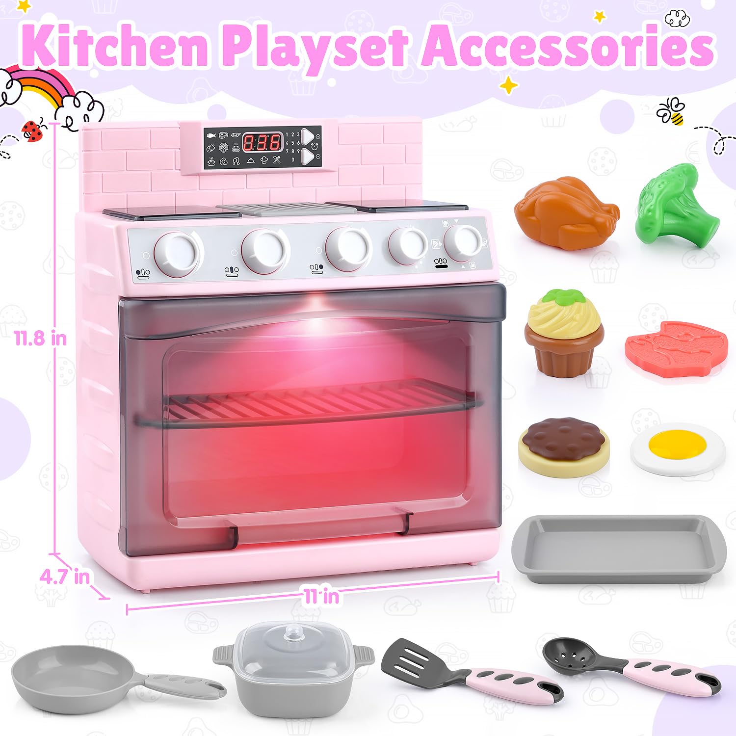 Horno de juguete para niños, juego de cocina para niños con 11 accesorios, sonidos y luces de cocina realistas, horno de juego de simulación, juego de regalo de cocina para niñas y niños a partir 4