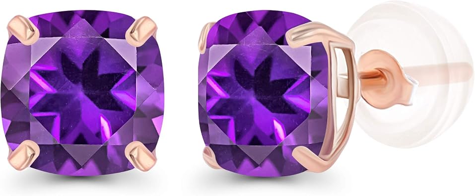 Solid 14K Gold 6mm Cushion Cut Genuine Birthstone Stud Earrings For Women | Hypoallergenic Studs | Natural or Created Gemstone Stud Earrings For Women