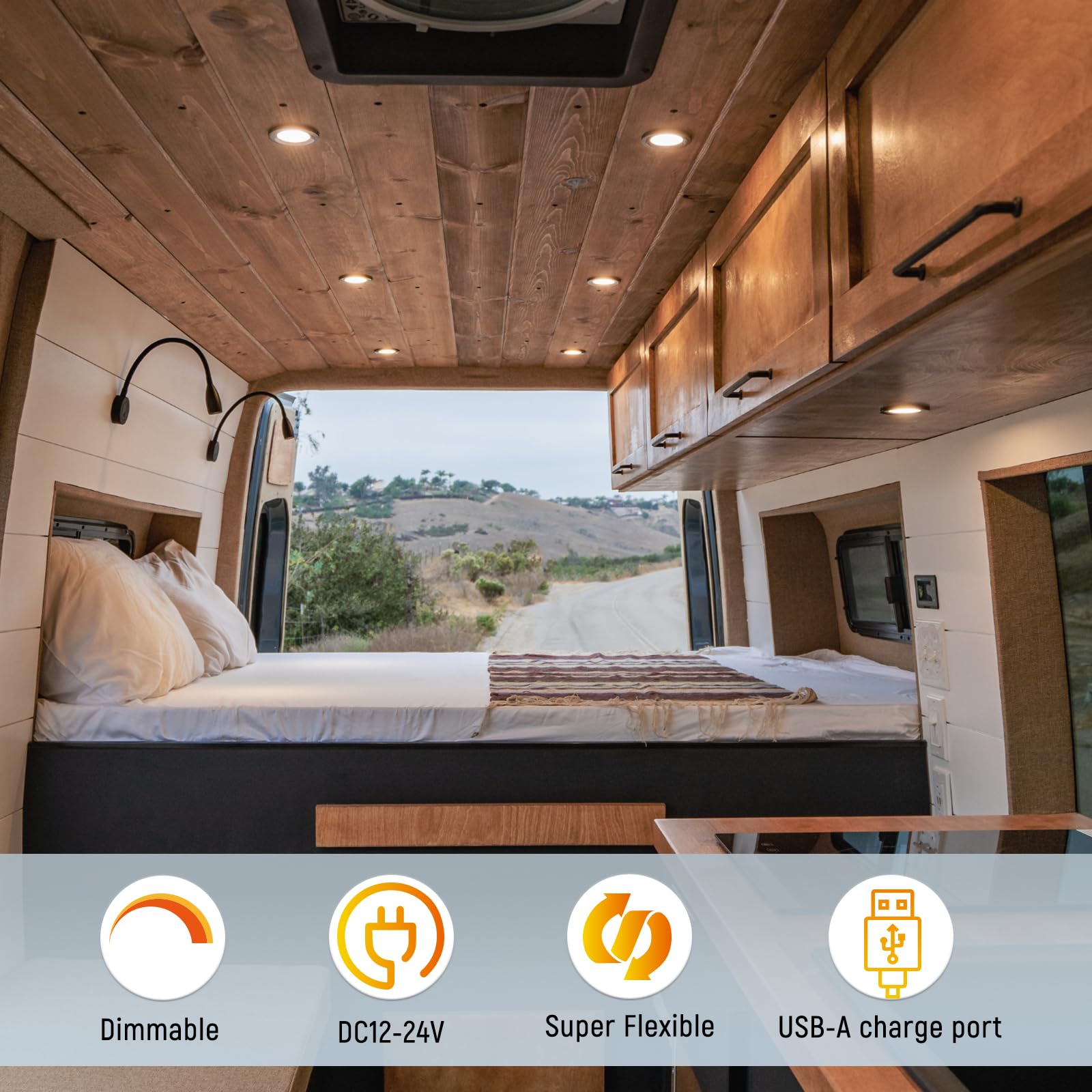 Lampe de Lecture DC 12V LED Flexible Col de Cygne Luminosité Réglable Applique Murale 3200K pour Camping-car Bateau Caravane Voiture Van Chevet, avec Chargeur USB & Variateur Interrupteur