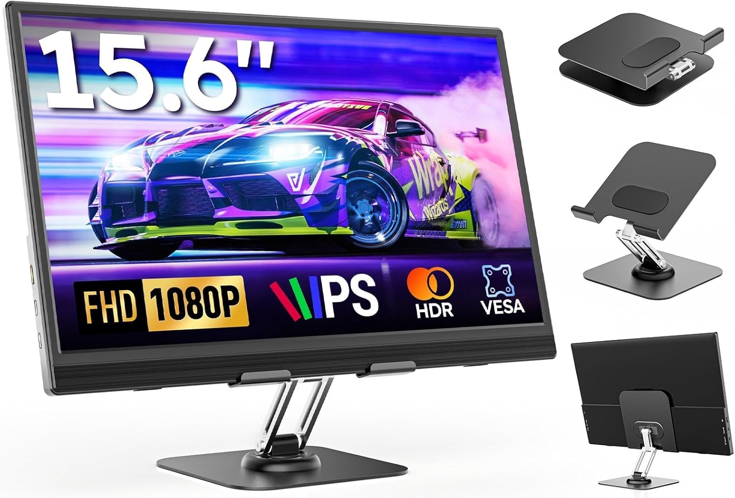 Przenośny monitor 15,6" ze stojakiem, FHD 1080p przenośny monitor do laptopa | Ultra-cienki monitor IPS z regulowaną podstawą i głośnikiem, USB-C i mini HDMI, do laptopa/komputera/Mac