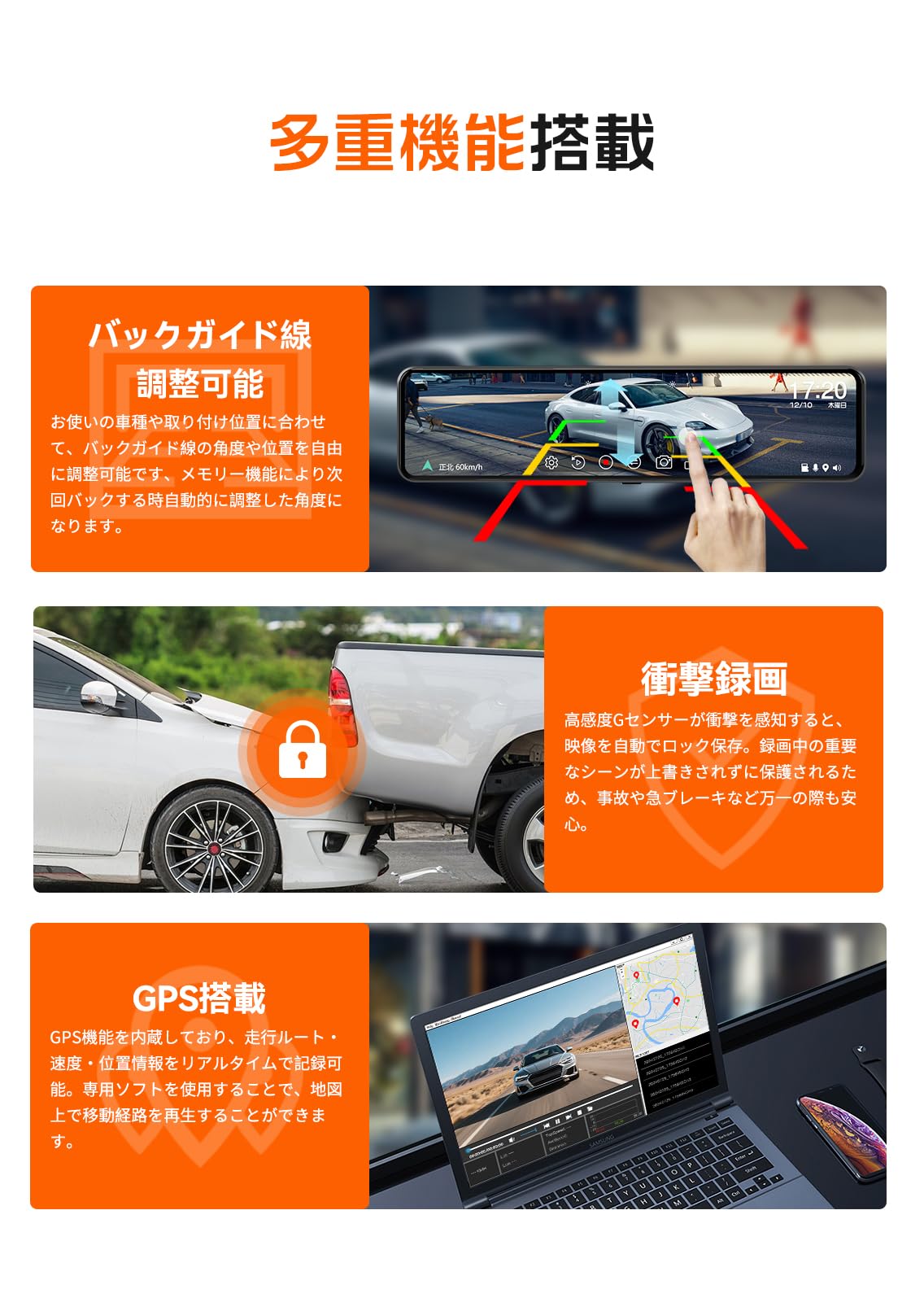 Amazon.co.jp: JADO ドライブレコーダー ミラー型 3カメラ 4K 録画