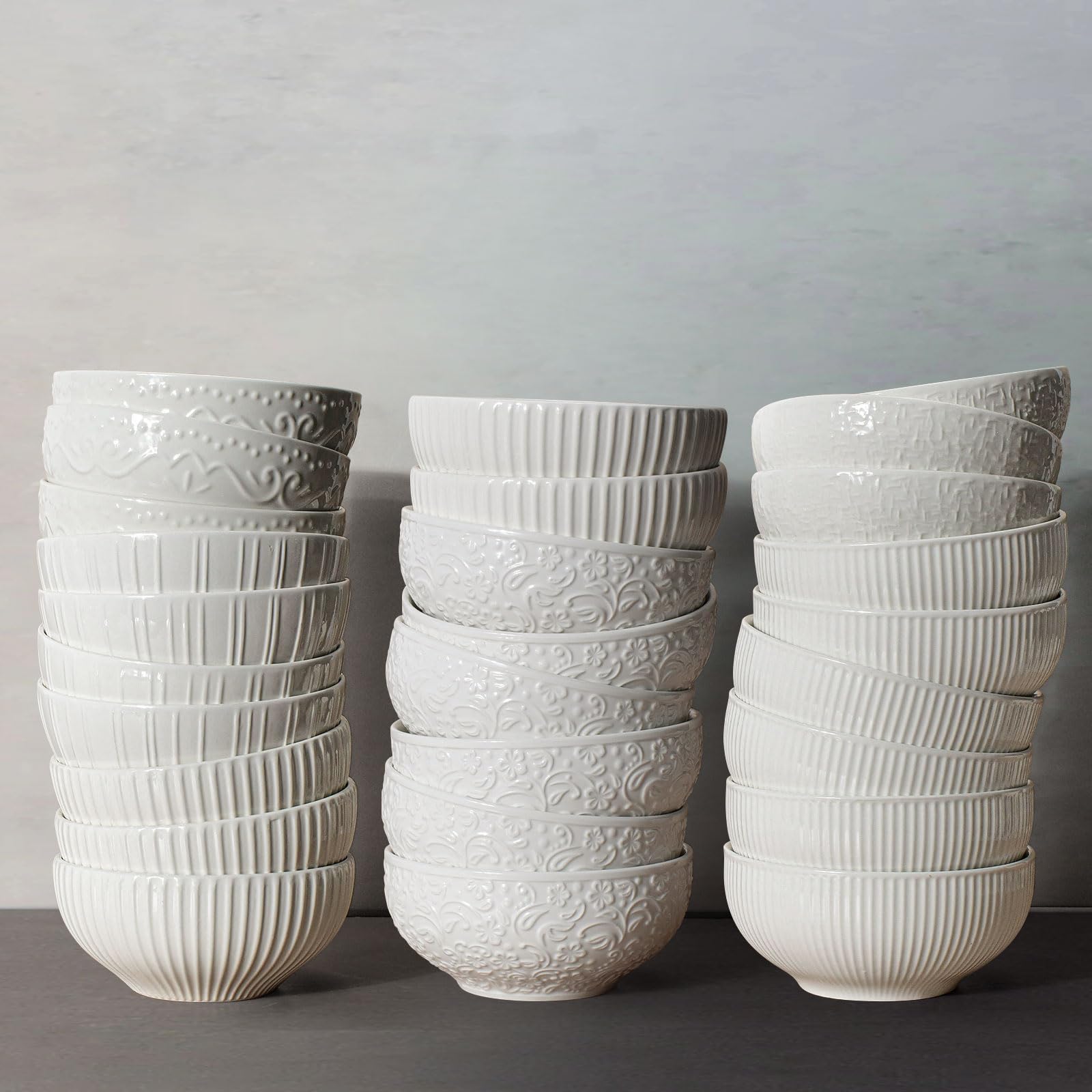 Artena Ceramiczne miski na musli, 740 ml, wytłaczane miski do zupy, zestaw 6 sztuk, białe miski do sałatek do kuchni, miski obiadowe 15 cm na śniadanie, płatki owsiane, ryż, makaron, zmywarka,