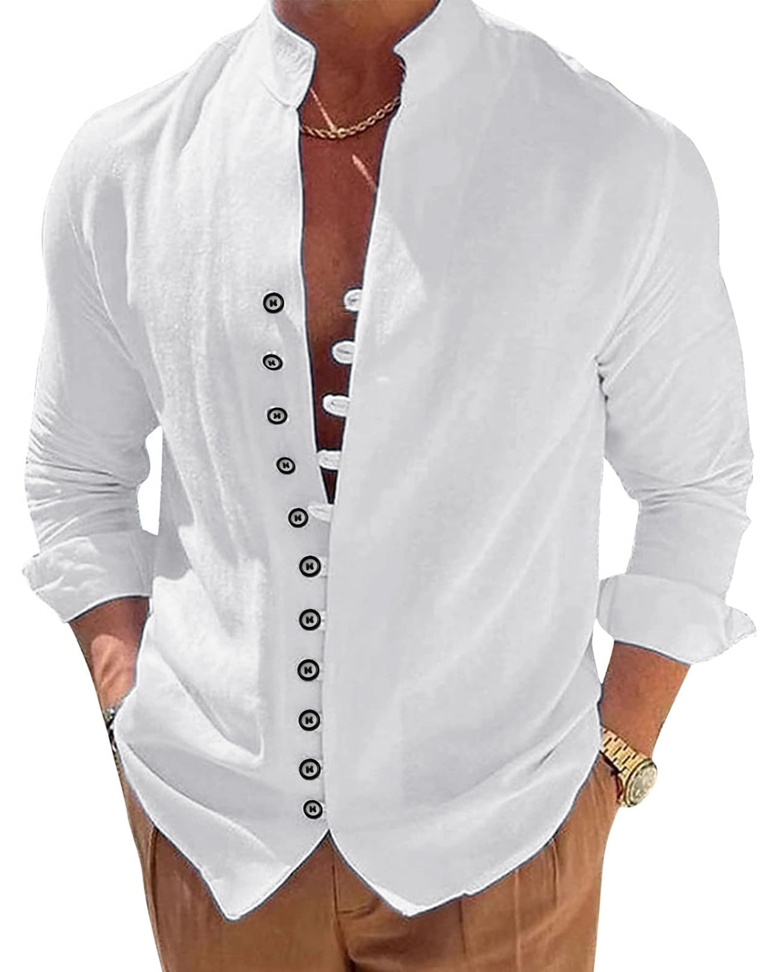 NANAMEEI Camisa de lino para hombre de manga larga camisa casual cuello Mao abotonado camisa de playa verano