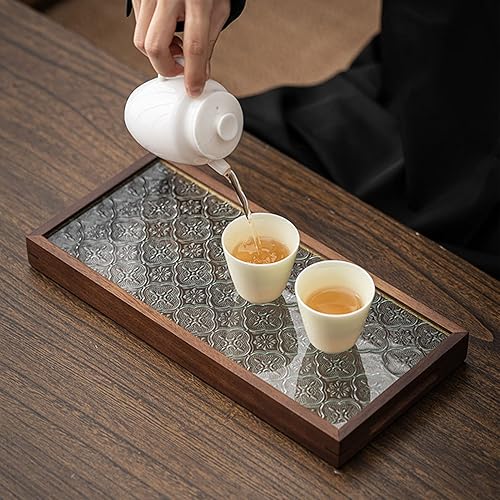 Miniatura 8 de Walnut Wood Serving Tray, Rectangle Vintage Glass Bottom with Handles, Elegant Kitchen Snack Plate - Multi Purpose, Durable Wood Siding, Ideal for