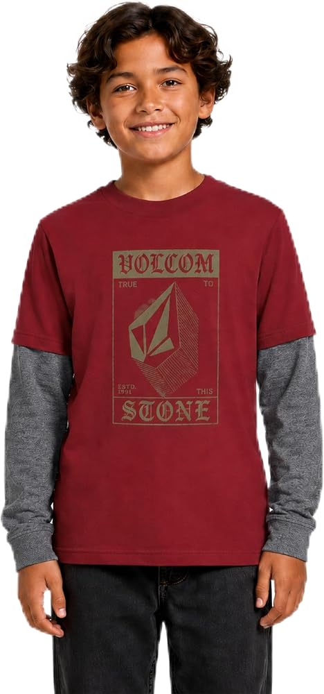 Boys Two-Fer Long Sleeve Graphic Tee (8-20) | Pullover Crewneck Layered Style, Contrast Logo Print, Soft Cotton Feel, Casual Comfort for School or Weekend Play