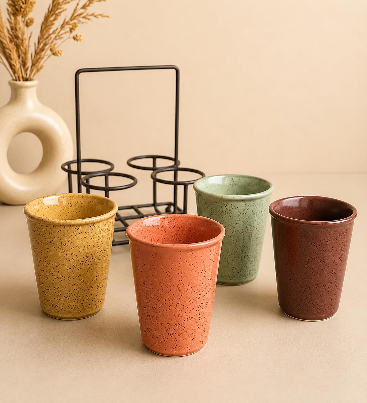 SPHINX 180 ml Ceramic Kulhad Tea Cups Set of 4 with Metal Stand, Assorted Speckled Ceramic Chai & Coffee Cups for Tea, Coffee & Hot Beverages, Home, Kitchen, Office, Festive Gifts