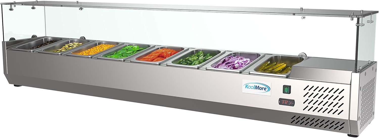 KoolMore SDC-8P-SG Condiment Prep Rail Station with Sneeze Guard, 71 Inch, Silver KoolMore SDC-8P-SG Condiment Prep Rail Station with Sneeze Guard, 71 Inch, Silver