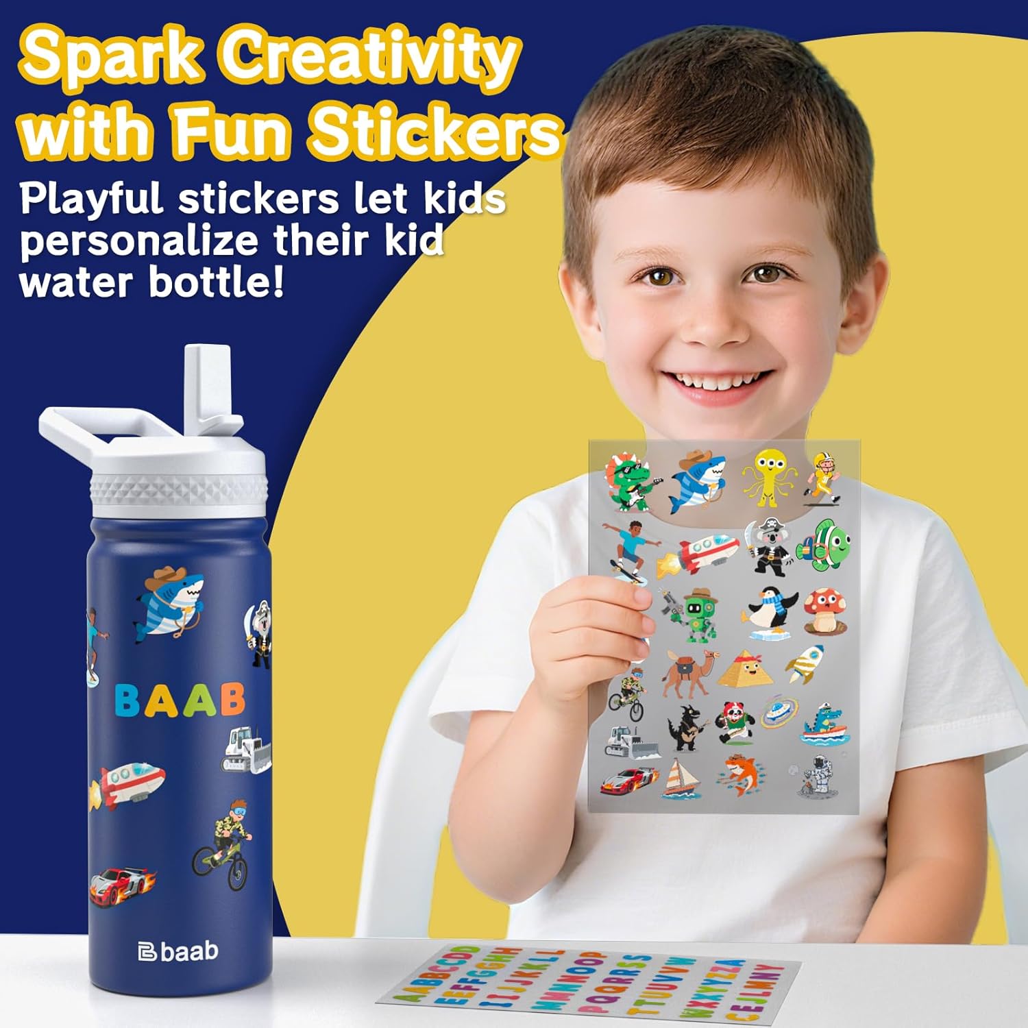 baab 18oz Kids Water Bottle, Insulated Water Bottle with Straw & Stickers, 18/8 Stainless Steel Vacuum Leakproof Kids Water Straw Cup for School, Gift for Boy Girl (Navy Blue+Light Blue, 2 Pack) - Image 5