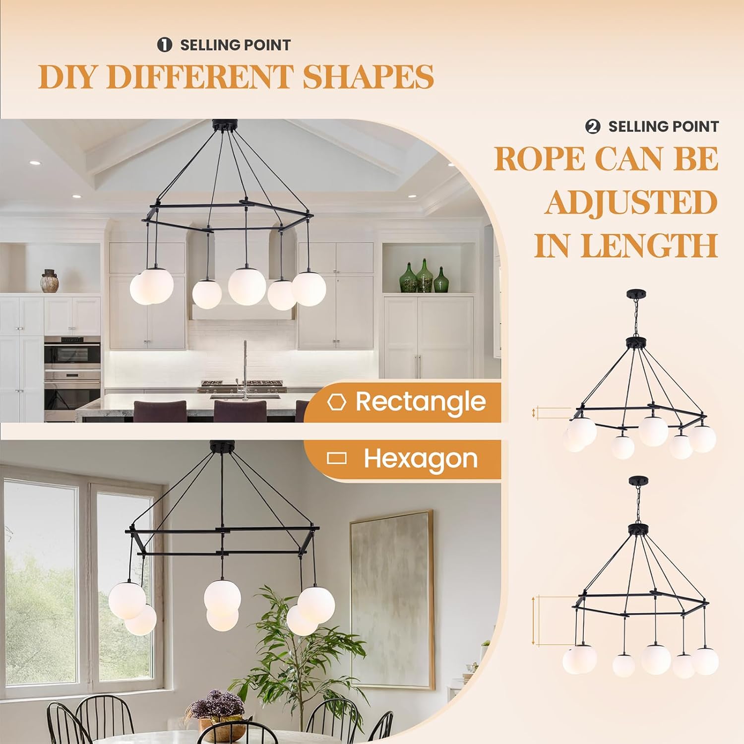 WJShome 6-Light Modern Chandelier Ceiling Light Fixture Sputnik Chandeliers Black Farmhouse Chandelier Over Table Height Adjustable Chandeliers for Dining Room, Living Room,Kitchen Island