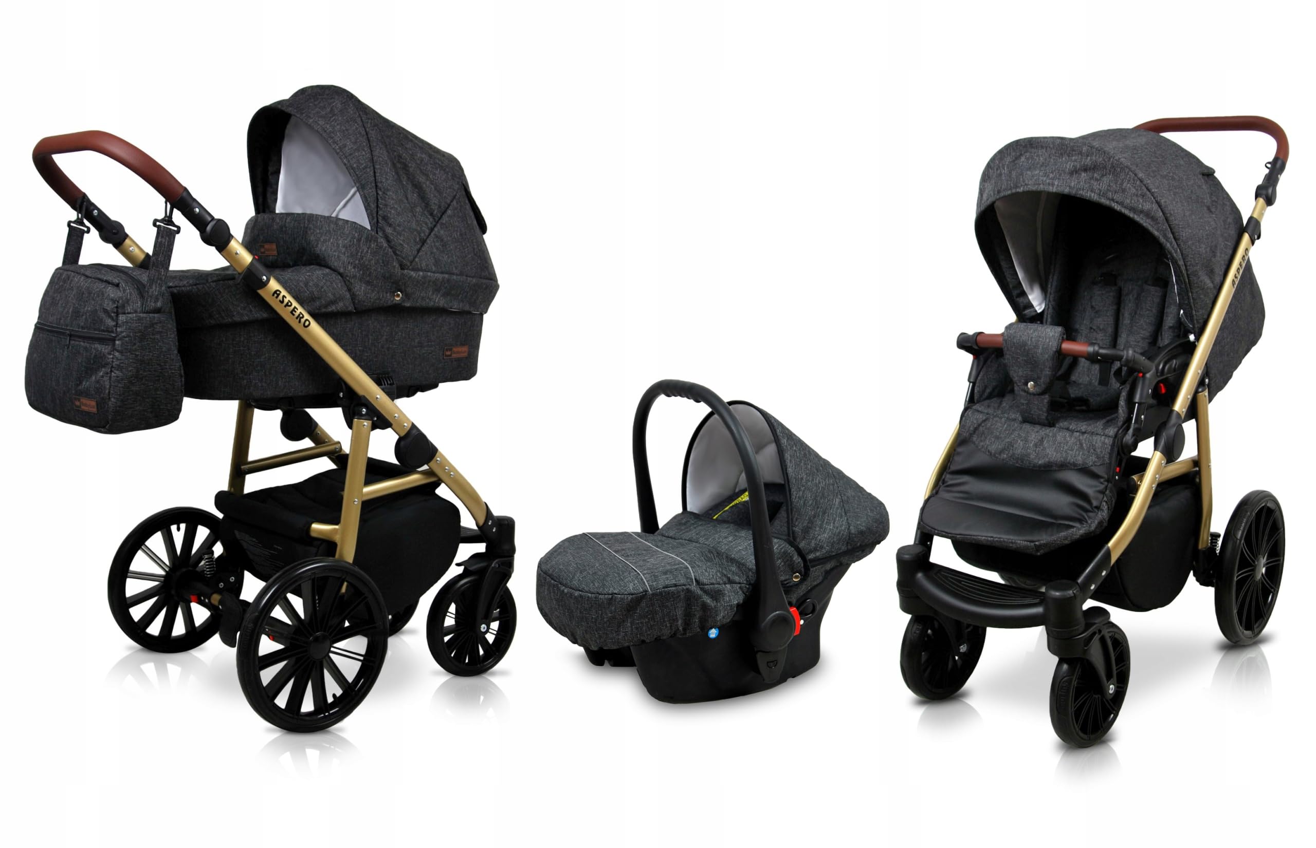 BabyLux® Bambini Passeggino Completo Set 3 in 1 - Aspero - incl. Navicella, Canna, Seggiolino Auto - Carrozzina Neonati Sistema Combinato - con Borsa fasciatoio, Copertura antipioggia ecc.