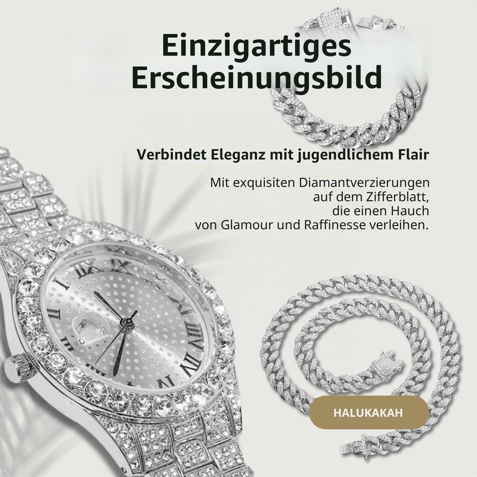 Halukakah Diamanten Gold Uhr Iced Out für Jungen - 18K Echtgold/Platin Platiniert,42mm Rundes Zifferblatt,Japanisches Quarzwerk - 20cm - Optional mit Cuban Gliederkette,mit Anpassungswerkzeug