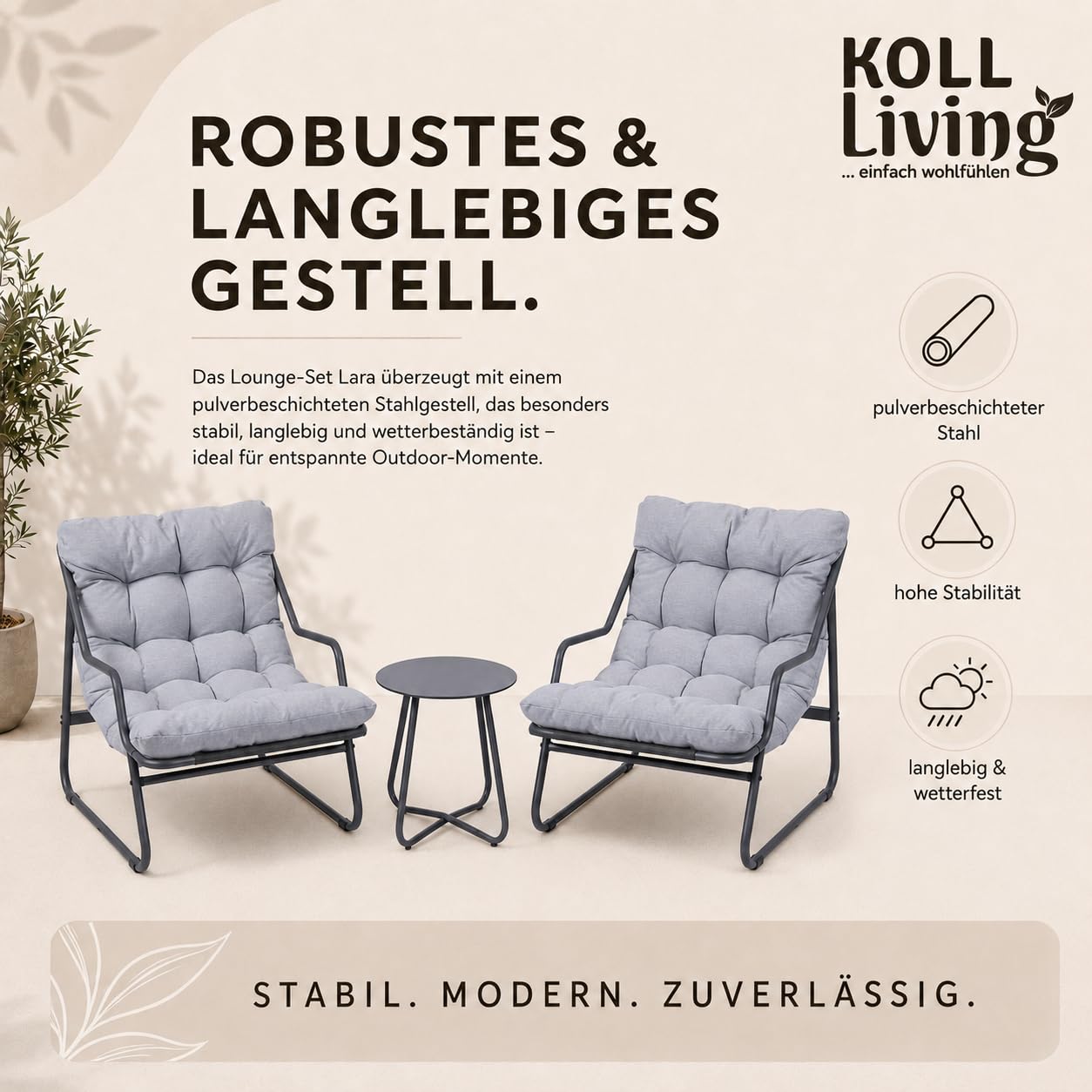 Koll Living Outdoor Bistro-Set Lara | Modernes Gartenmöbel Set mit 2 Sesseln & Tisch | Wetterfest, UV-beständig, wasserabweisend (Grau)