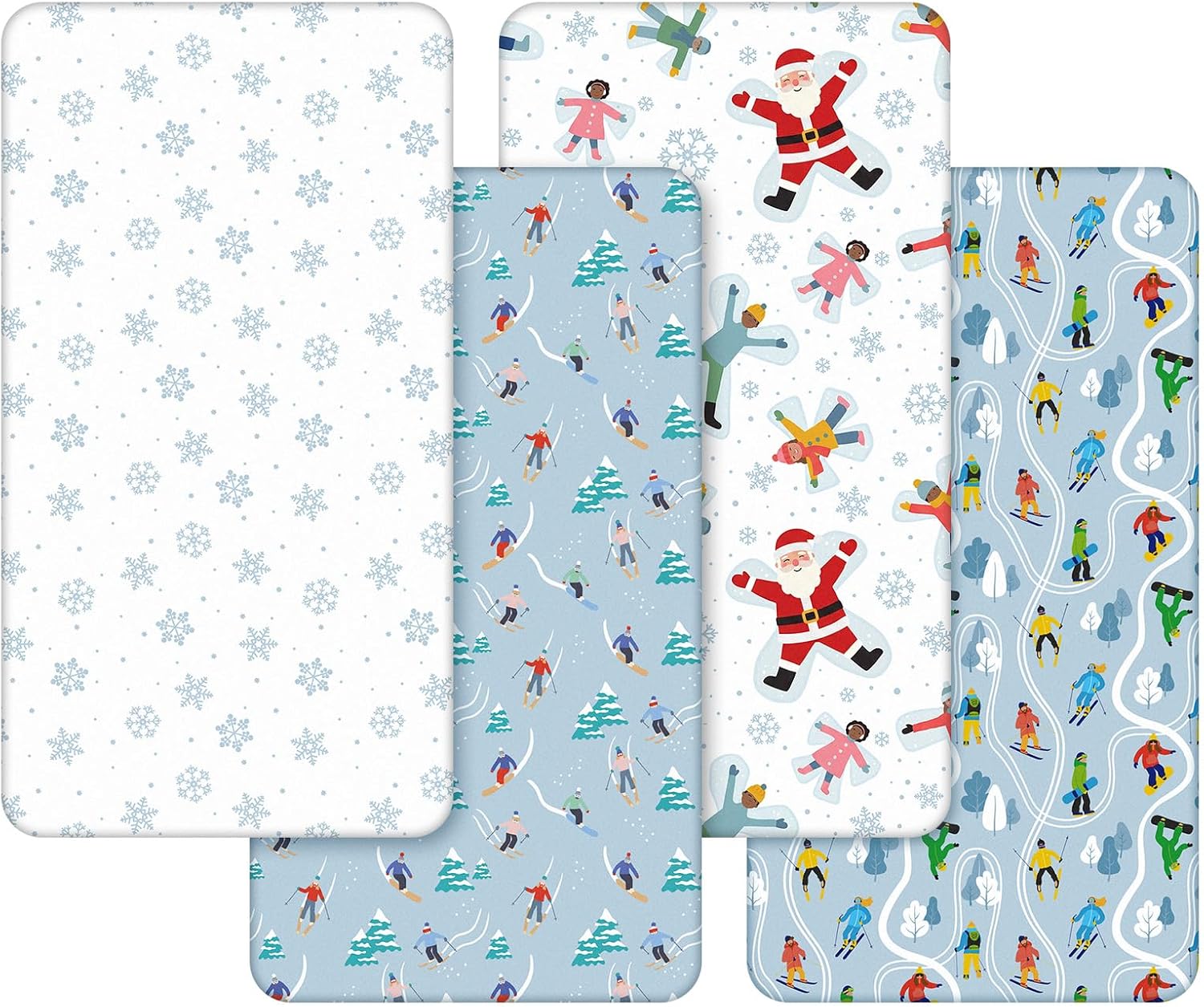 VitalCozy 4 Pcs Snow Ski Christmas Crib Sheets Winter Skiing Santa for Boys Girls 52'' x 28'' x 8'' Breathable Newborn Crib Mattress Sheet Fitted Baby Gifts for Standard Cribs and Toddler Mattresses