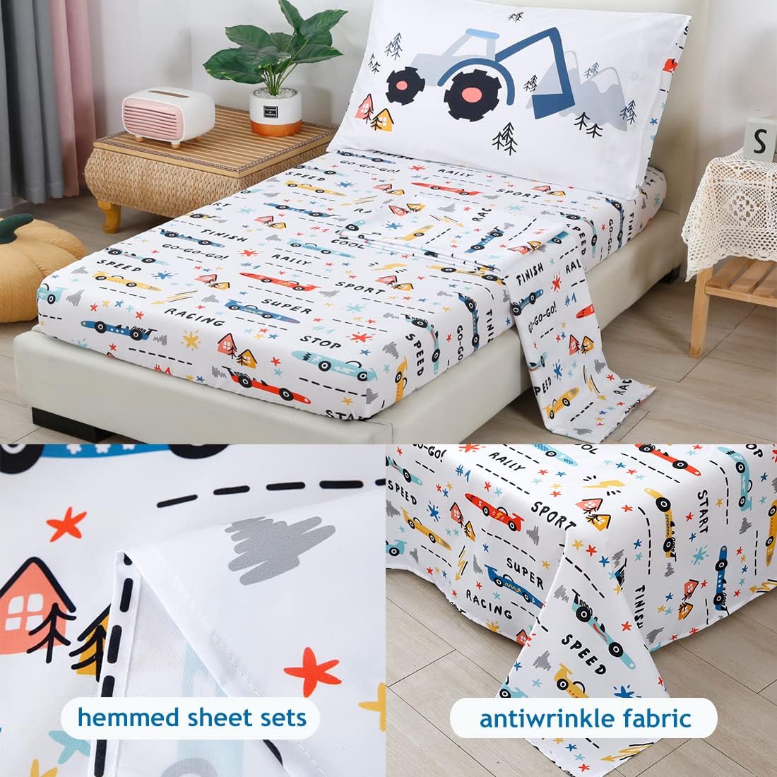 PERFEMET Car Toddler Bedding Kids 4 Pieces Bed in A Bag for Boys Vehicles Truck Toddler Girl Comforter Sets with Bed Sheets Modern Bedroom Collection, White - Image 4