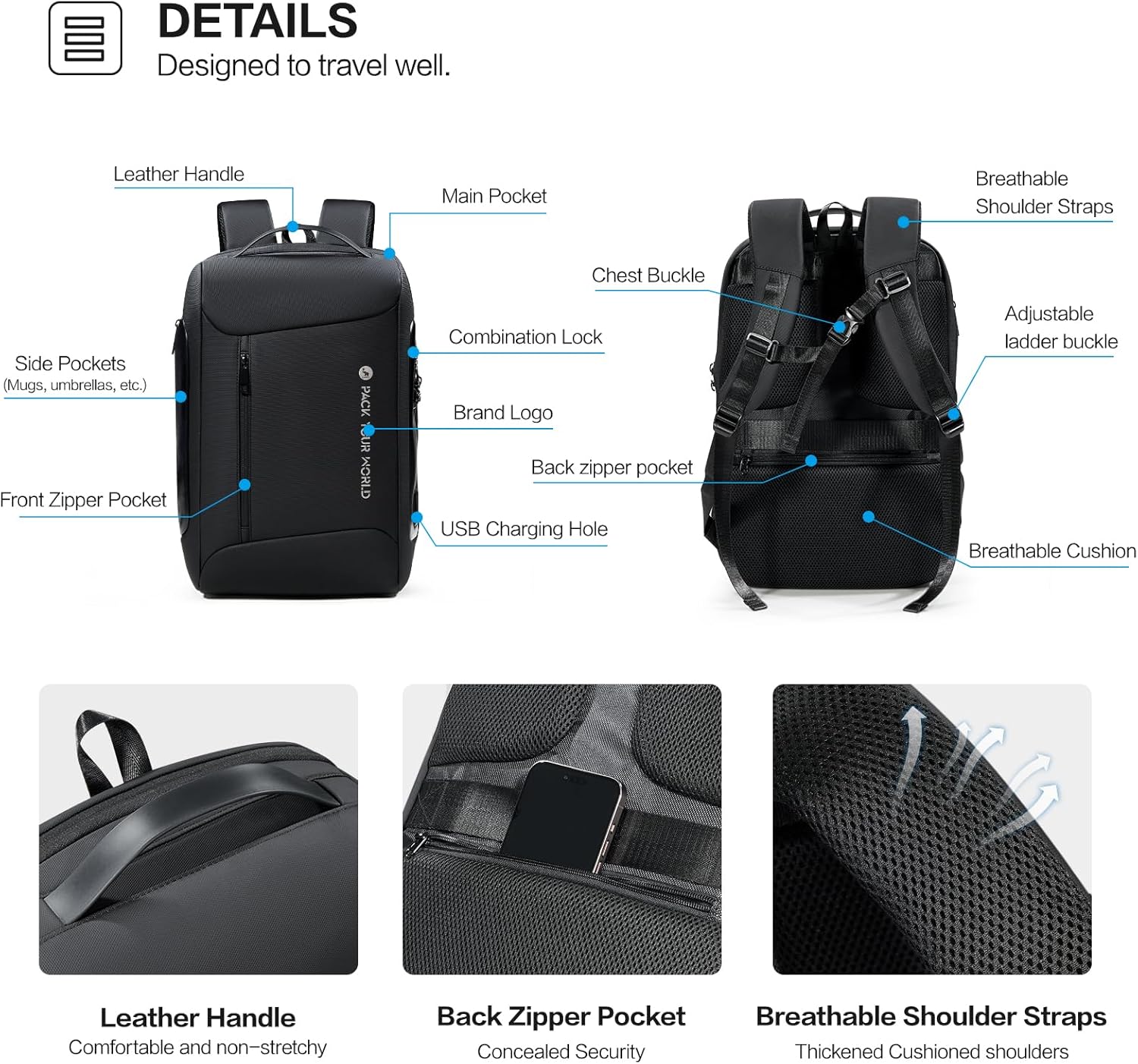 OIWAS Business Backpack for Men, Anti-Theft Backpack Fits 15.6 Inch Laptop, High Tech Backpacks with USB Charging Port, Water Resistant Travel Laptop Backpack for Men and Women