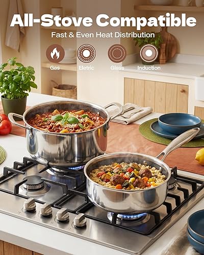 Miniatura 8 de Juego de ollas y sartenes de 15 piezas, antiadherentes de acero inoxidable de tres capas, apto para horno, sin PFOAPTFE, apto para lavavajillas,