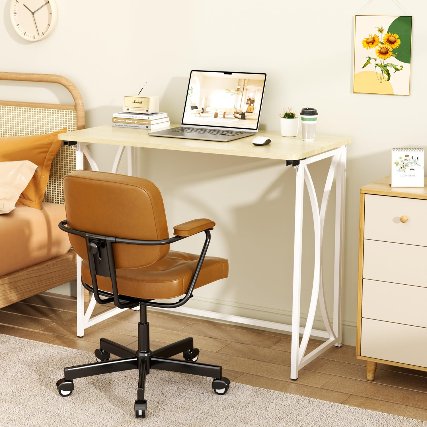 coeztt Folding Desk, 31.5" Small Desk for Bedroom, Space Saving Foldable Computer Desk for Home Office, Easy Assembly, Beige