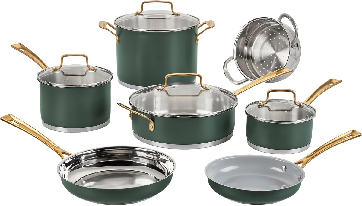 Cuisinart Juego de utensilios de cocina, 11 piezas de ollas y sartenes de acero inoxidable, hogar y cocina, acero inoxidable duradero para cocinar todos los días, tomillo mate, MT89G-11