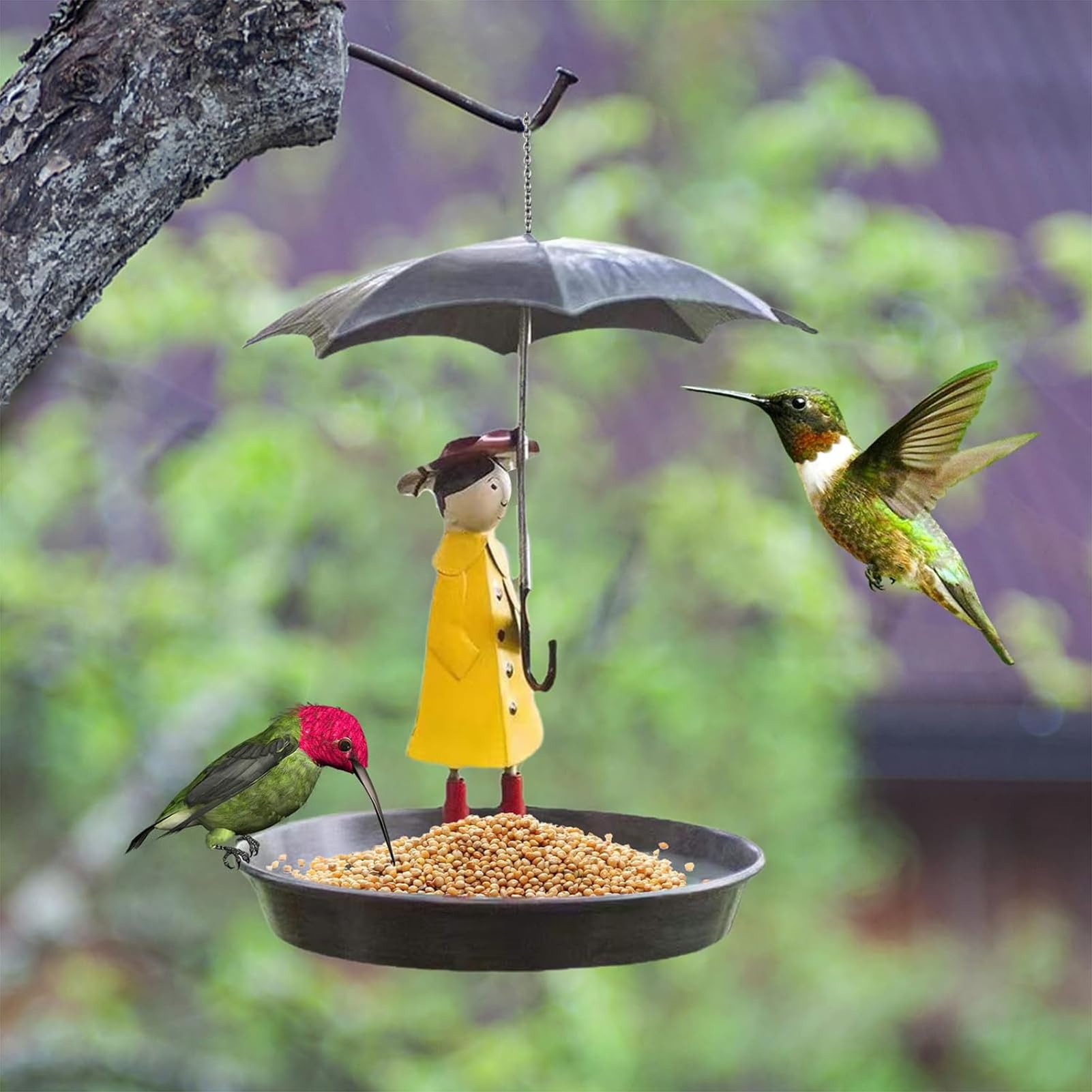 Comedero para pájaros en Forma de niña con Paraguas, comedero Exterior Colgante, comedero Exterior de Metal Trabajado, Ideal para los Amantes de los pájaros
