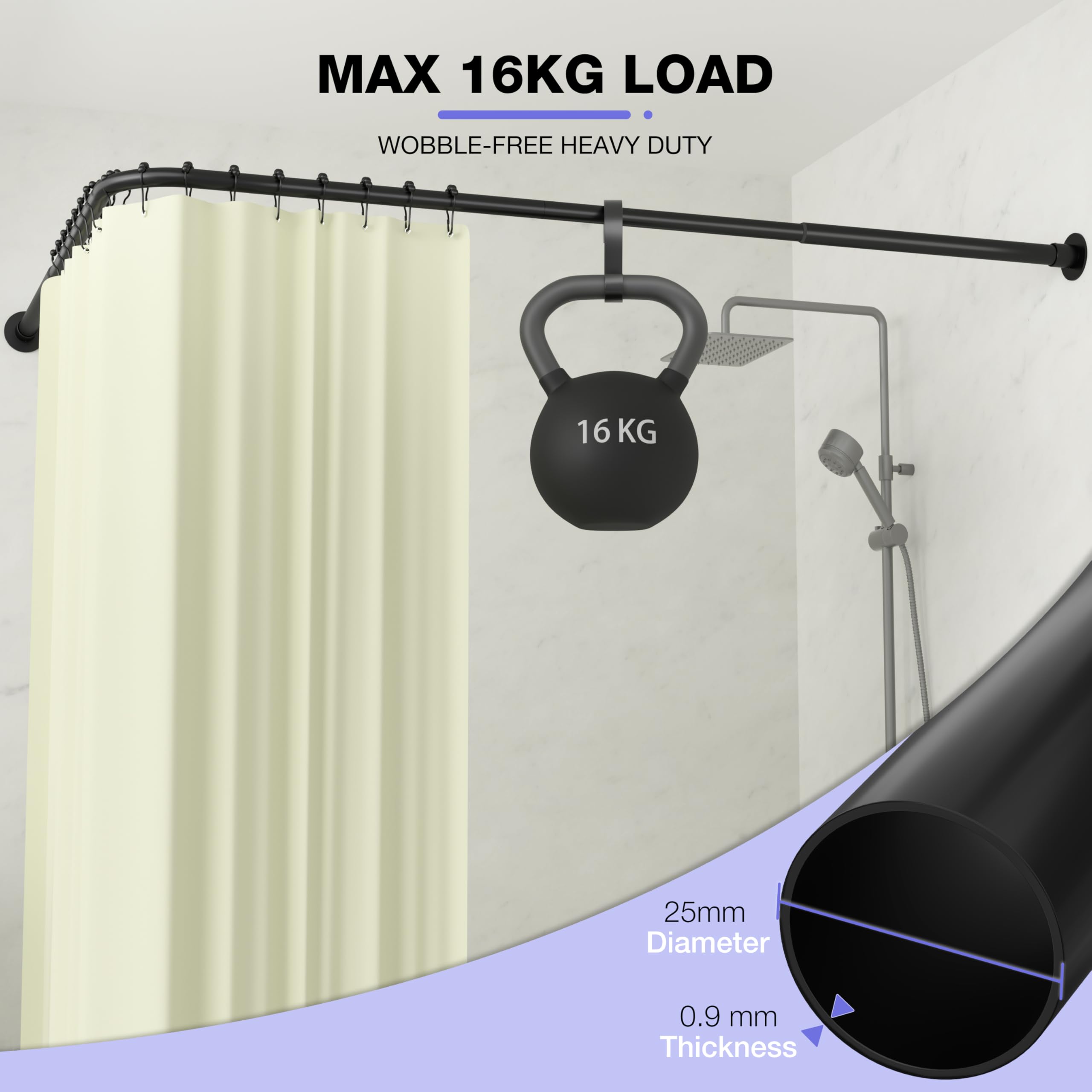 Tringle Rideau Douche Angle en Forme de L, Tringle Douche Réglable 62-94x141-174 cm, Baignoire et Douche, Tringle à Rideau de Douche en Acier Inoxydable avec 16 Anneaux, Noir