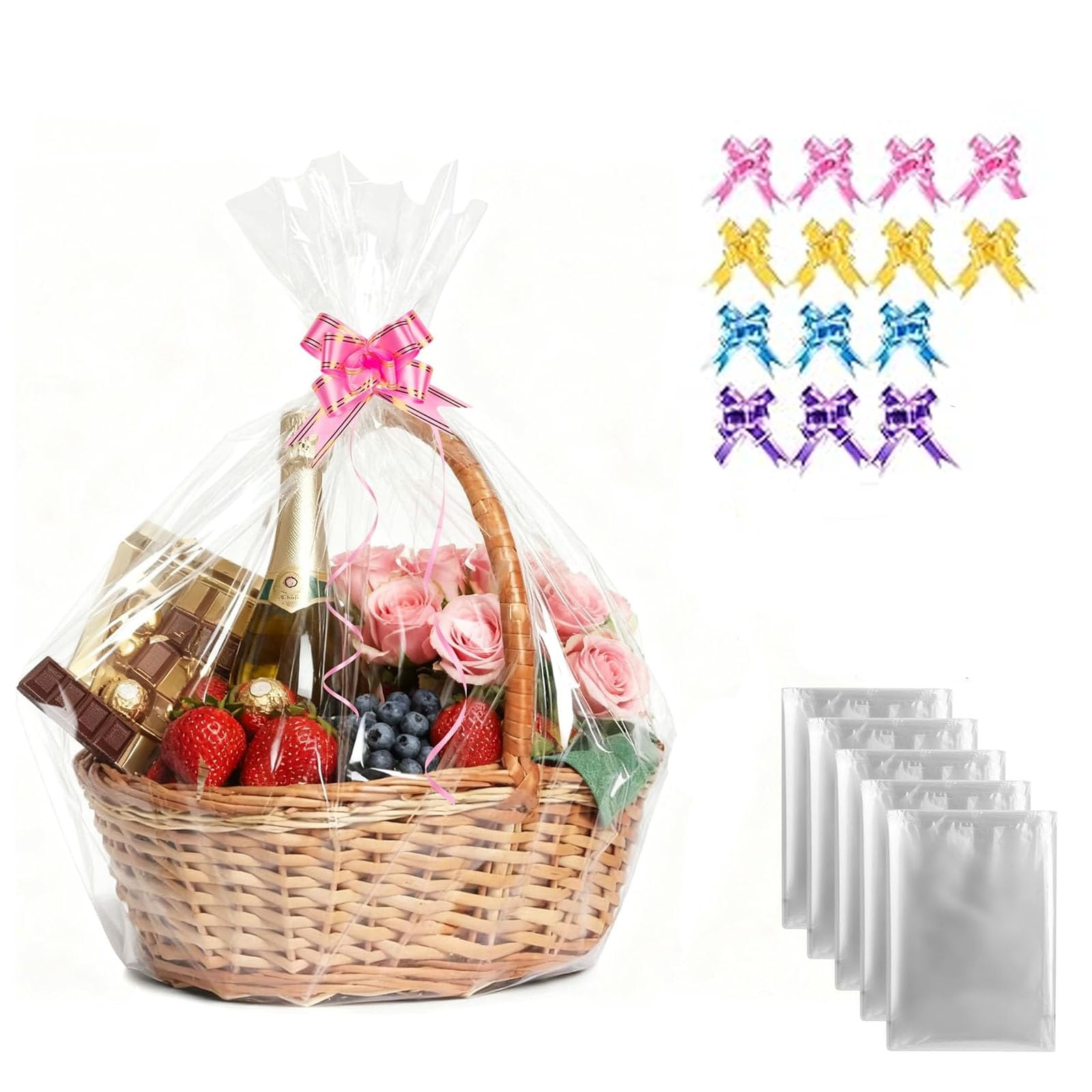 Extra Large Cellophane Wrap Bags For Hampers, Pack Of 14(50-70CM) Hamper Basket Clear Plastic Gift Bags For Present Packaging, Hamper Wrapping Cellophane With 14 Pull Bows