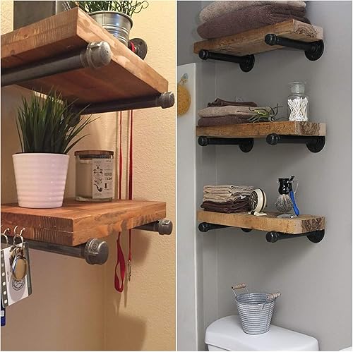 Miniatura 3 de Soportes industriales para estantes de tubería de 12 pulgadas, juego de 4, soportes flotantes rústicos con accesorios de hierro, bridas y tubos para
