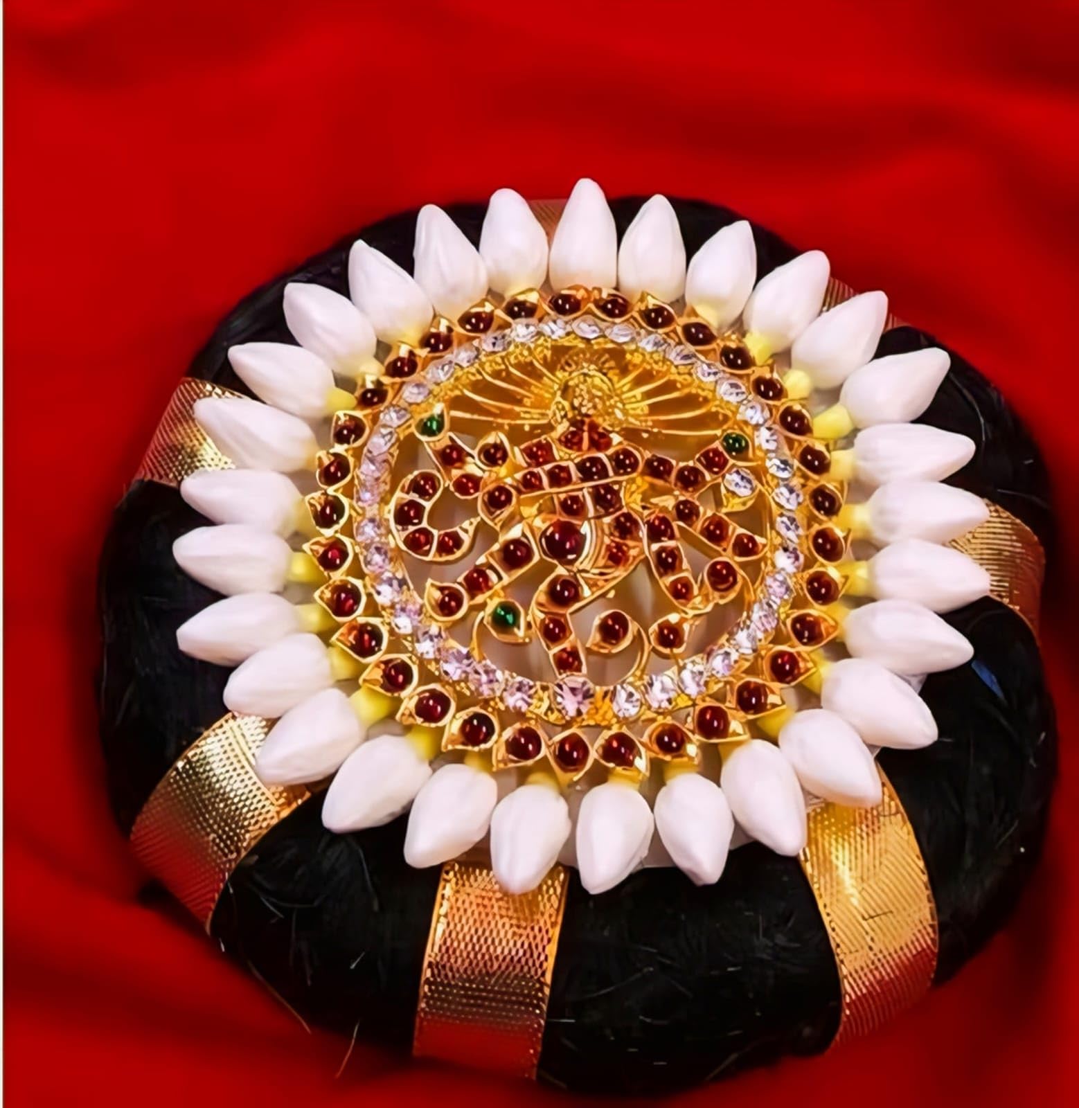 Traditional Bharatanatyam Hair Bun Donut Ring With Satin Ribbon Accessories .Indian Bridal Hair Styles Decoration For Wedding Collections.Flower Natarajar Rakkiodi (KB:00119)-image-35