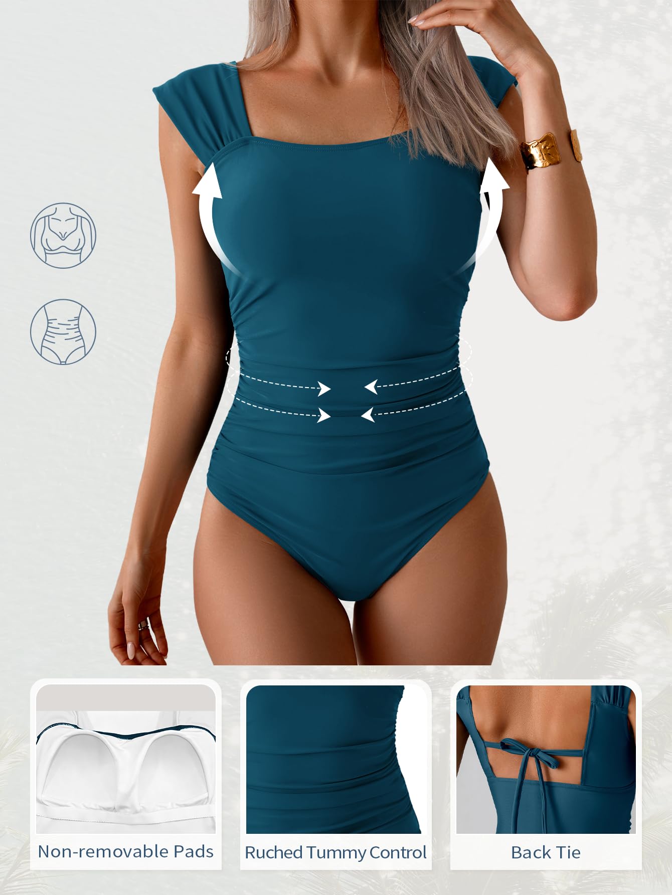 B2prity Einteiliger Damen-Badeanzug, Retro-Stil, quadratischer Ausschnitt, Bauchkontrolle, gerüscht, bescheiden, volle Abdeckung | Retro-Stil, quadratischer Ausschnitt, gerüschte Details, breite Träger, Raffhalter, bescheiden